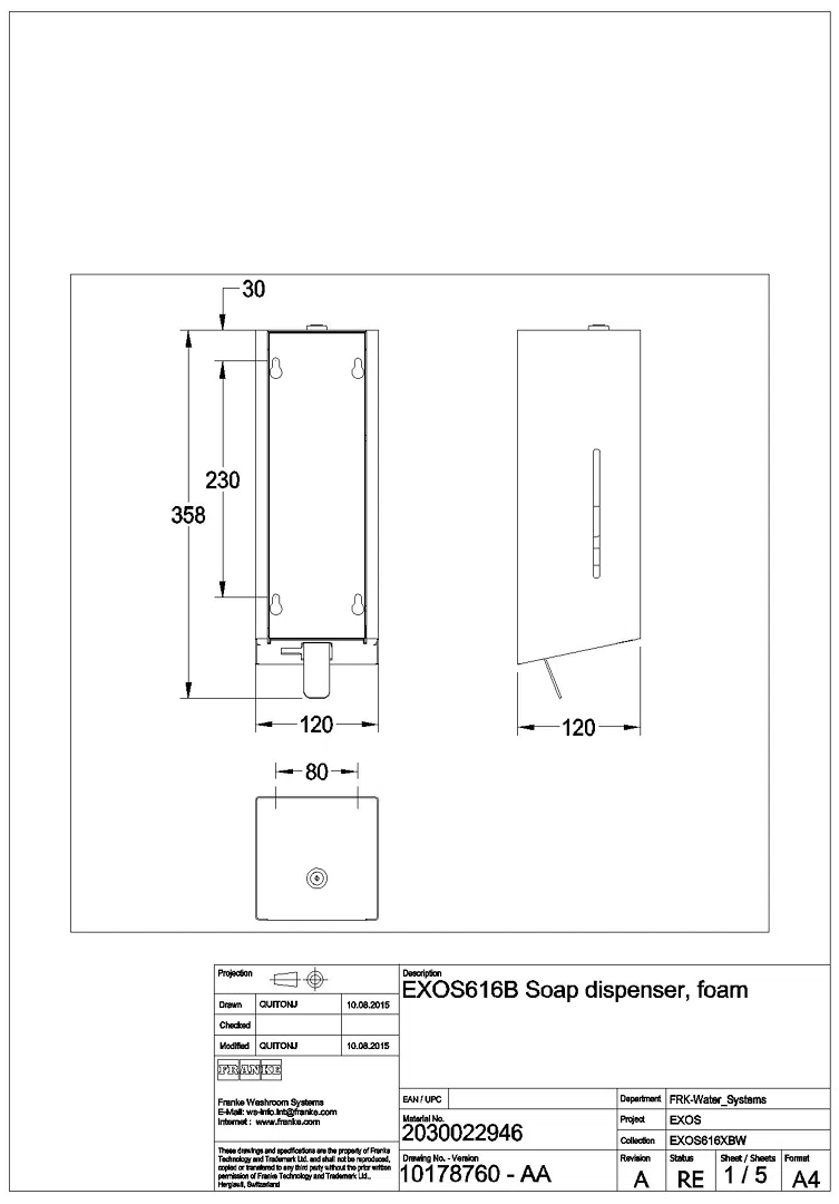Schaumseifenspender, EXOS, Edelstahl, AP, 120x326x120 mm, Front ESG schwarz, EXOS616B