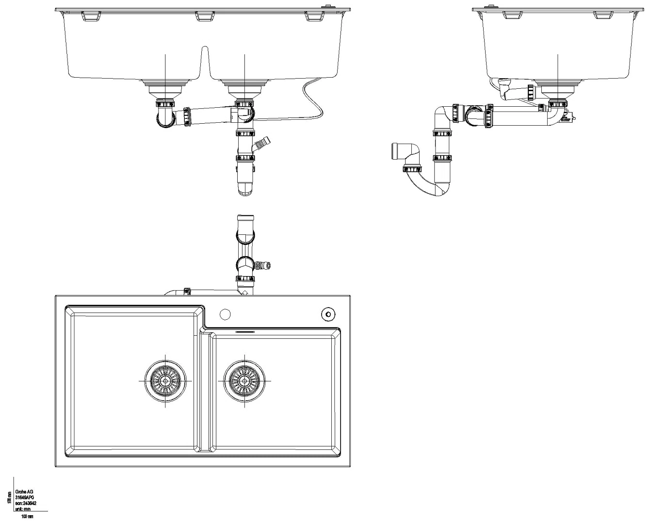 GROHE Kompositspüle K500 31649 2 Becken 860x500mm granit schwarz