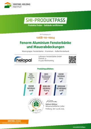 SHI Produktpass Sentinel: fenorm Aluminium Fensterbänke und Mauerabdeckungen