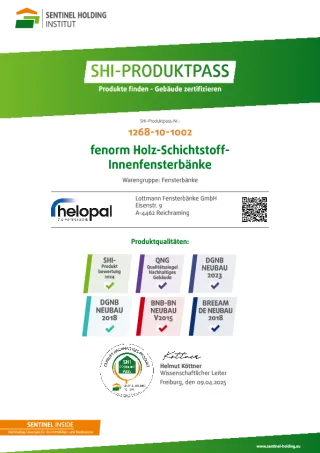 SHI Produktpass Sentinel: fenorm Holz-Schichtstoff-Innenfensterbänke