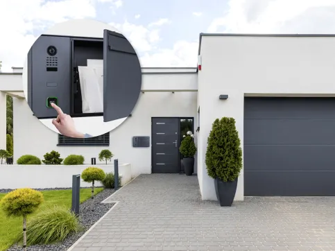 Fassade eines Einfamilienhauses mit integrierter Paketbox und modernen Pflanzkübeln