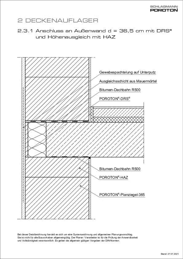 Schlagmann Poroton - Deckenauflager mit POROTON®-HAZ und -DRS®, AW d = 36,5 cm