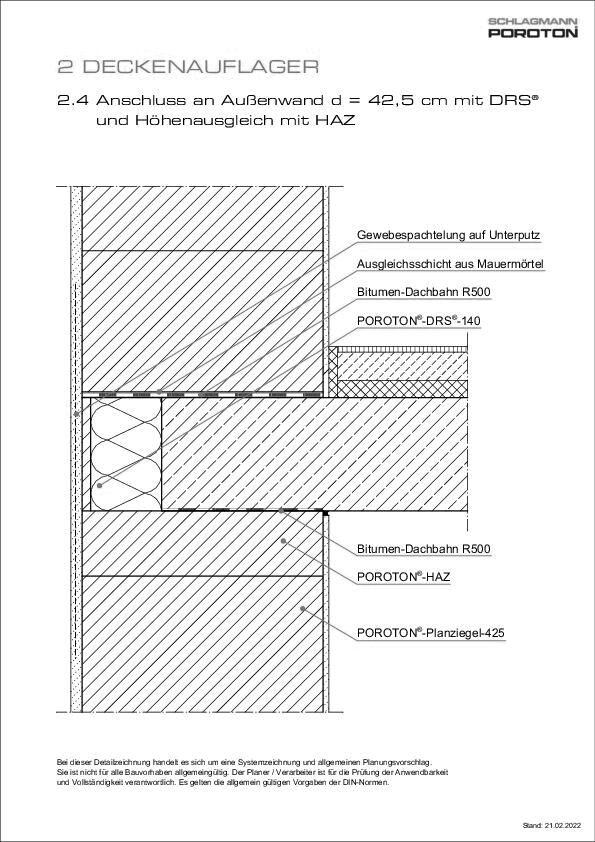 Deckenauflager mit POROTON®-HAZ und -DRS®, AW d = 42,5 cm
