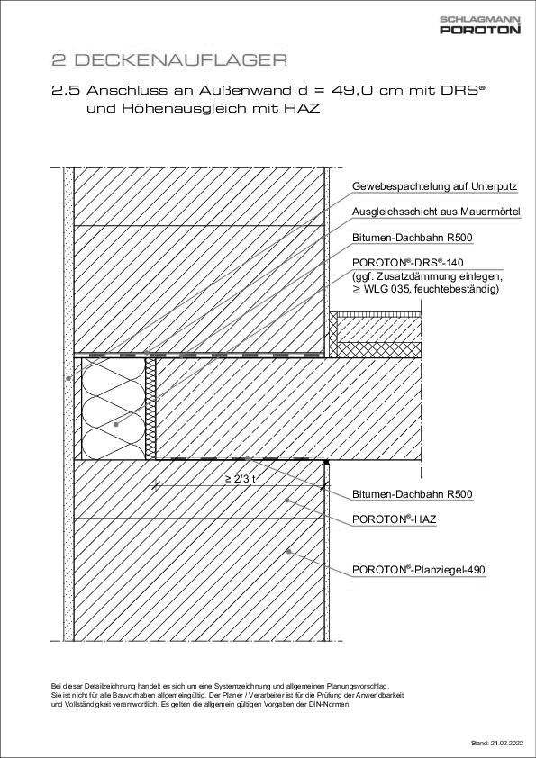Deckenauflager mit POROTON®-HAZ und -DRS®, AW d = 49 cm