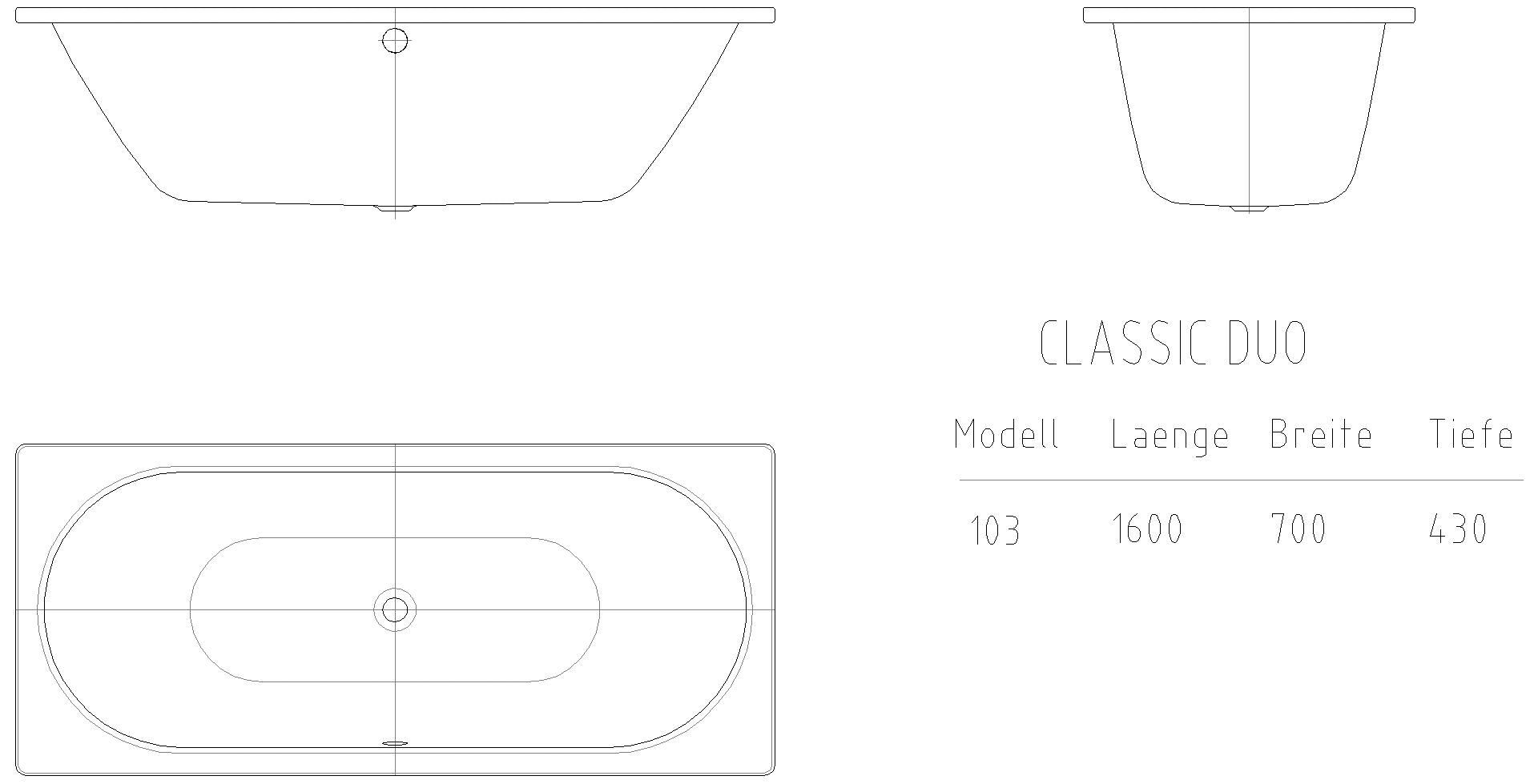 KALDEWEI CLASSIC DUO Badewanne, 1600x700 mm, Modell-Nr: 103