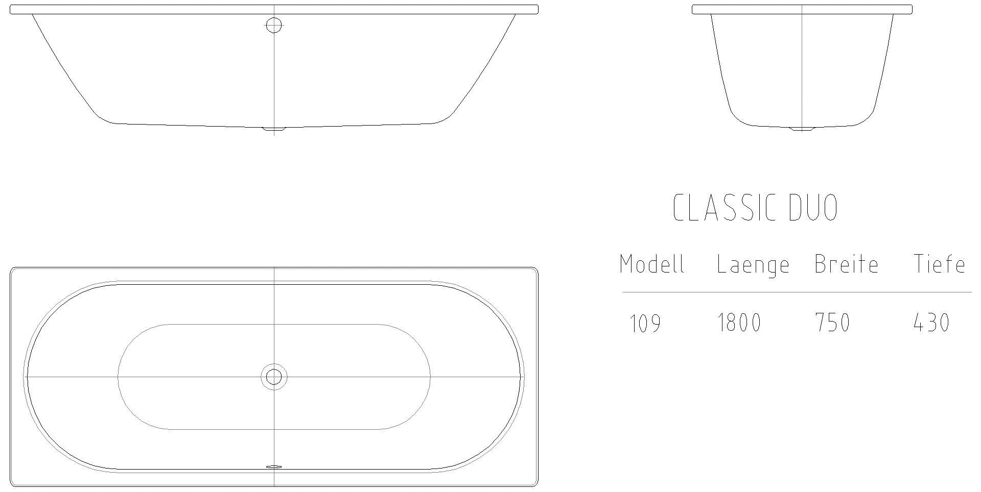 KALDEWEI CLASSIC DUO Badewanne, 1800x750 mm, Modell-Nr: 109