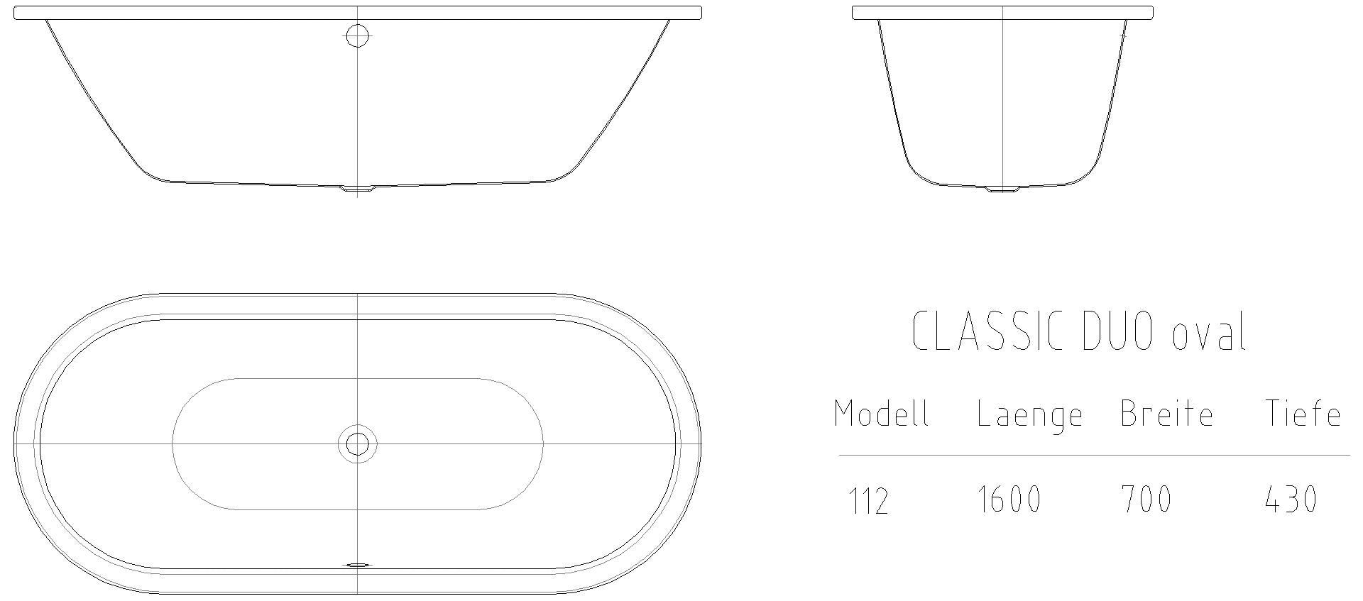 KALDEWEI CLASSIC DUO OVAL Badewanne, 1600x700 mm, Modell-Nr: 112