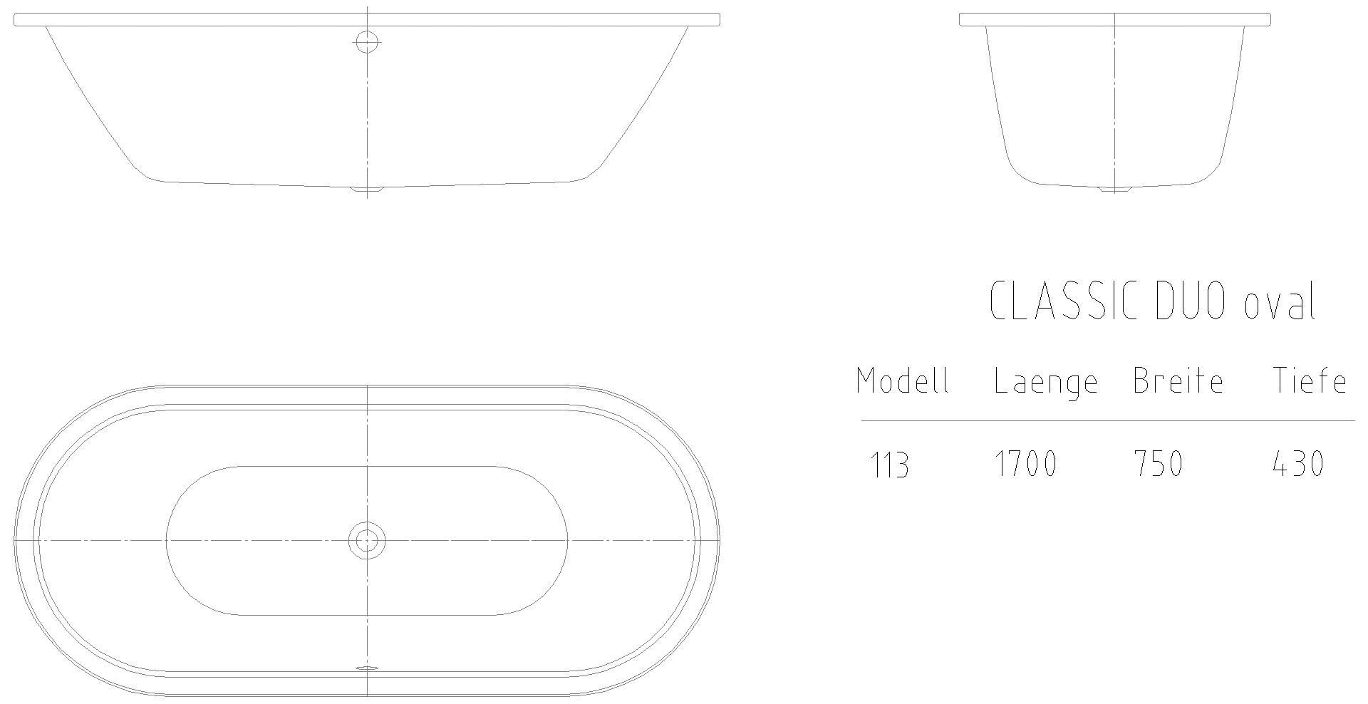 KALDEWEI CLASSIC DUO OVAL Badewanne, 1700x750 mm, Modell-Nr: 113