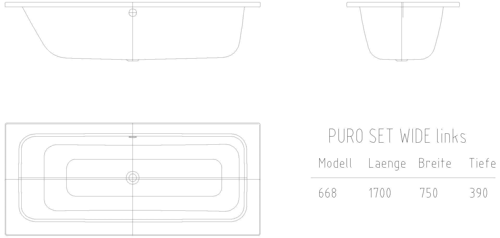 KALDEWEI PURO SET WIDE LINKS Badewanne, 1700x750 mm, Modell-Nr: 668