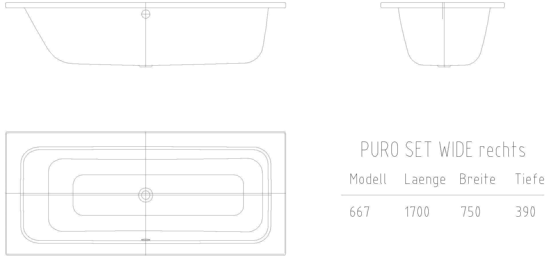 KALDEWEI PURO SET WIDE RECHTS Badewanne, 1700x750 mm, Modell-Nr: 667
