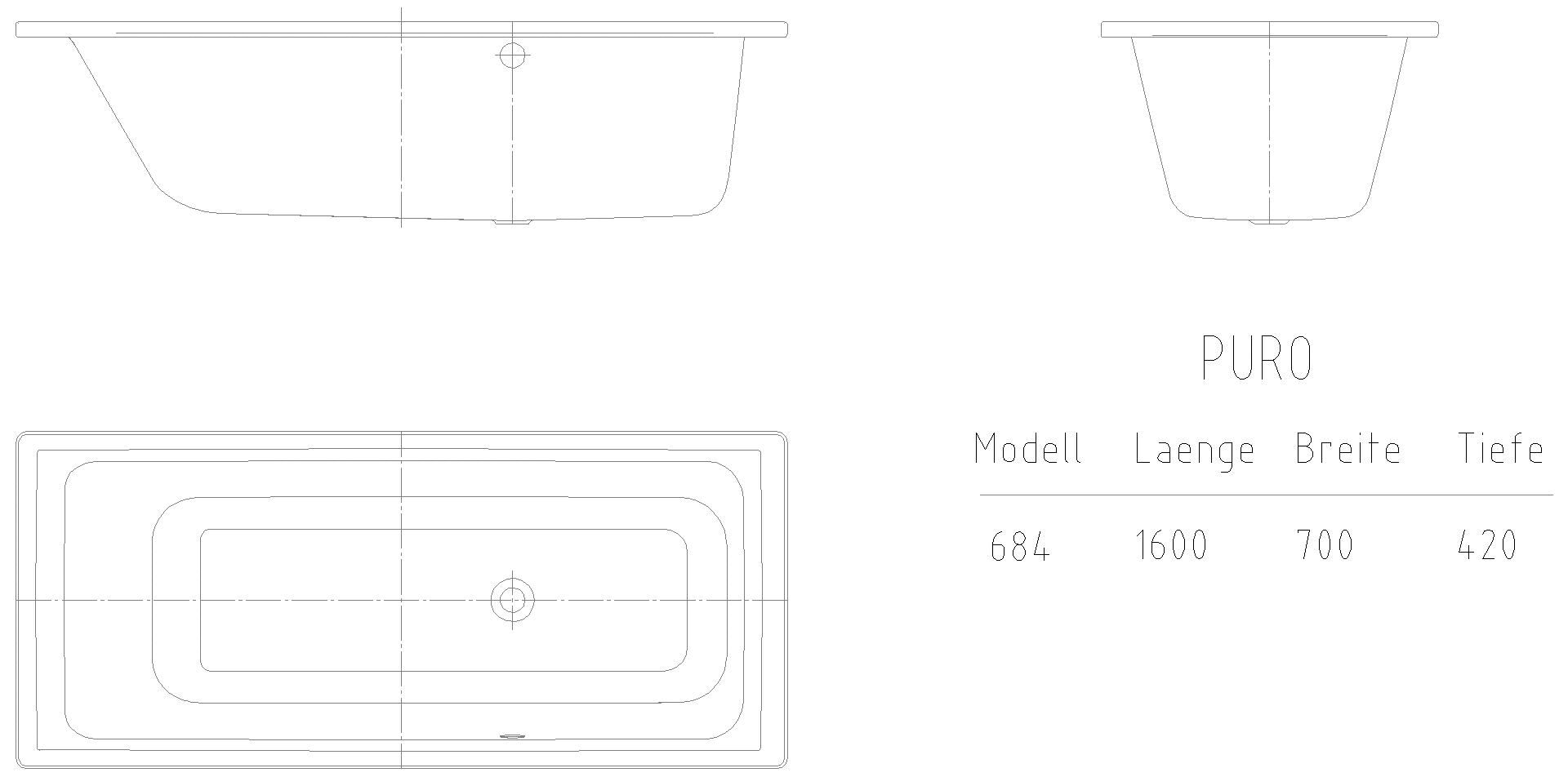 KALDEWEI PURO MIT SEITLICHEM ÜBERLAUF Badewanne, 1600x700 mm, Modell-Nr: 684
