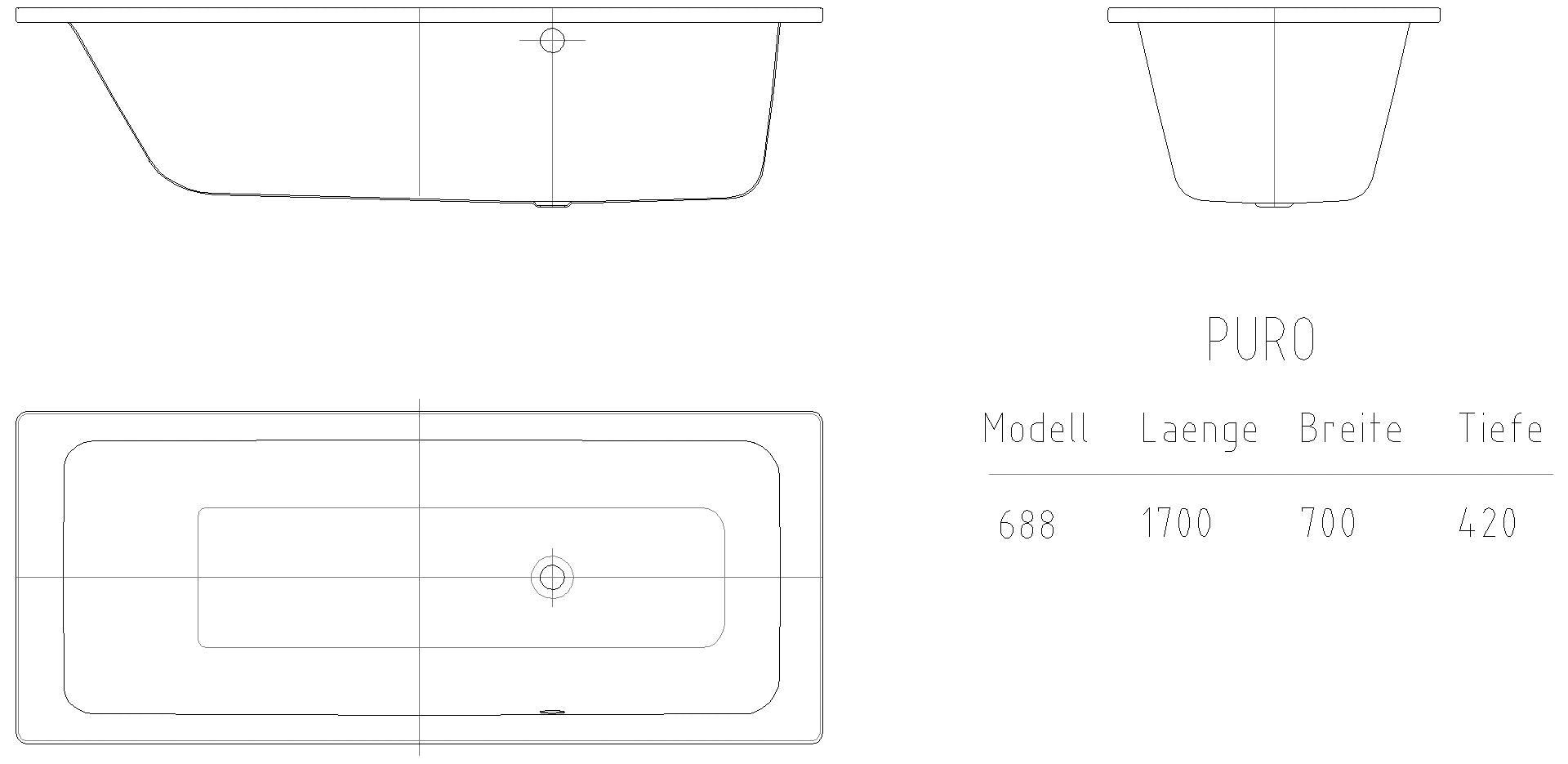 KALDEWEI PURO MIT SEITLICHEM ÜBERLAUF Badewanne, 1700x700 mm, Modell-Nr: 688