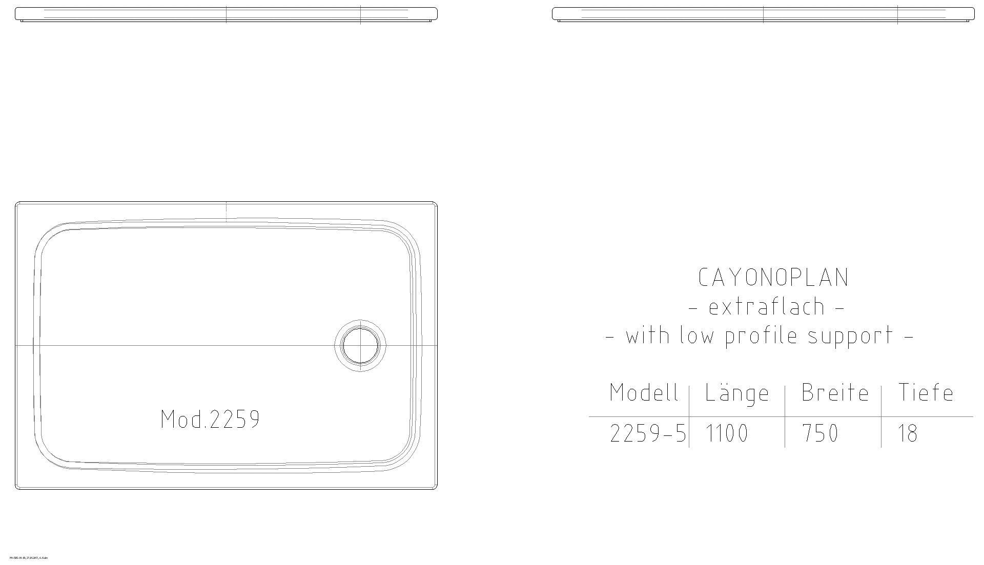 KALDEWEI CAYONOPLAN MIT WANNENTRÄGER EXTRAFLACH Duschfläche, 750x1100x32 mm, Modell-Nr: 2259-5