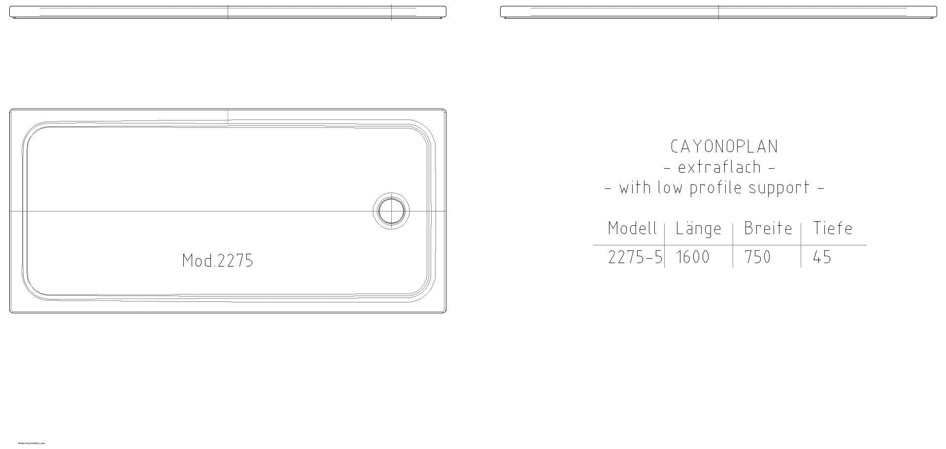 KALDEWEI CAYONOPLAN MIT WANNENTRÄGER EXTRAFLACH Duschfläche, 750x1600x40 mm, Modell-Nr: 2275-5