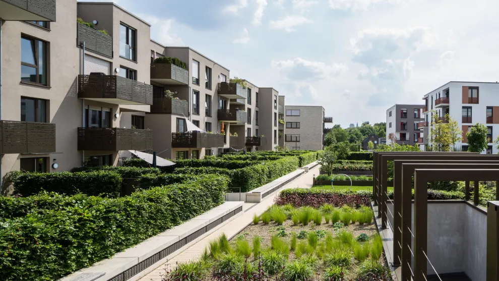 Ein Vorzeigeprojekt für blaugrüne Infrastruktur. Ein Kölner Wohnareal mit Innenhof auf einer Tiefgarage mit intensiver Dachbegrünung von Optigrün. Ein Vorzeigeprojekt für blaugrüne Infrastruktur. Ein Kölner Wohnareal mit Innenhof auf einer Tiefgarage mit intensiver Dachbegrünung von Optigrün.