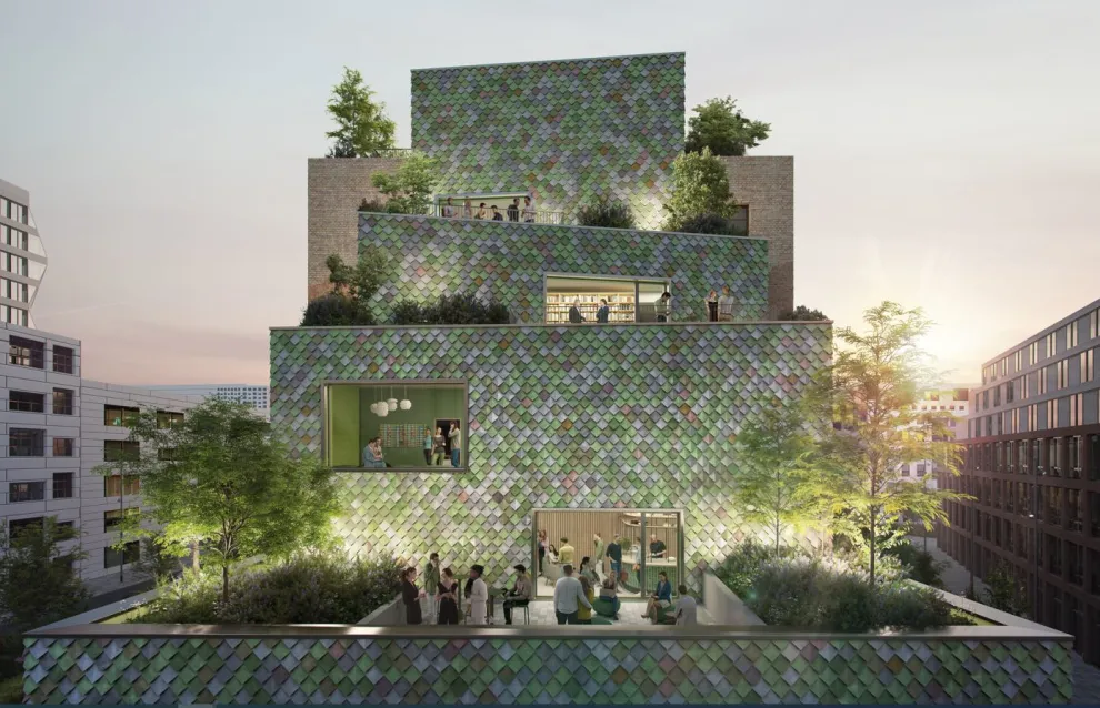 In München entsteht dieses neue Bürogebäude des Rock Capital Group mit Fassadenschindeln aus recycelten PVC-Bauprodukten. In München entsteht dieses neue Bürogebäude des Rock Capital Group mit Fassadenschindeln aus recycelten PVC-Bauprodukten.
