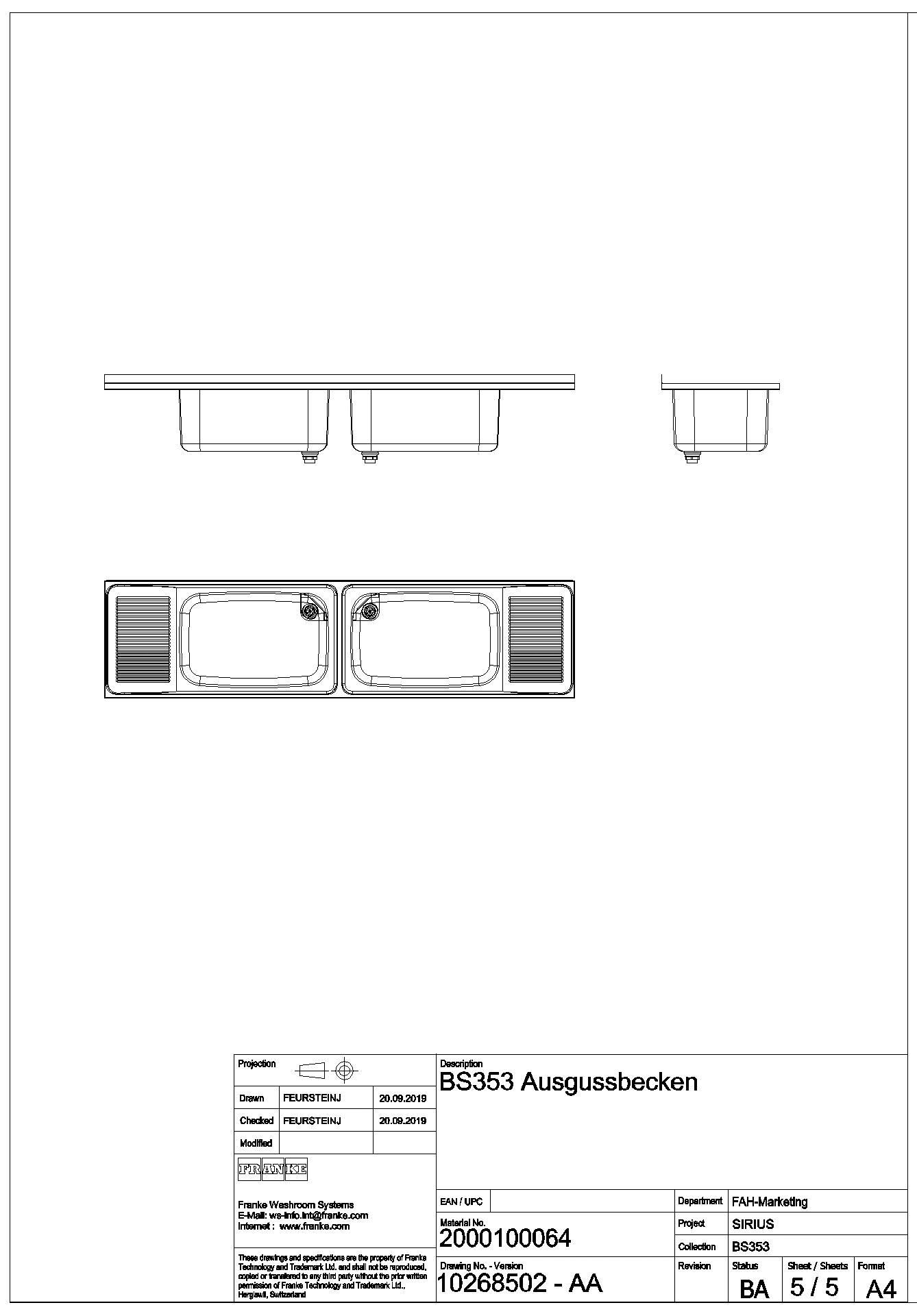 Mehrzweckbecken, SIRIUS, Edelstahl, 2200x357x550 mm, 2 Becken, Tropft. re/li, BS353