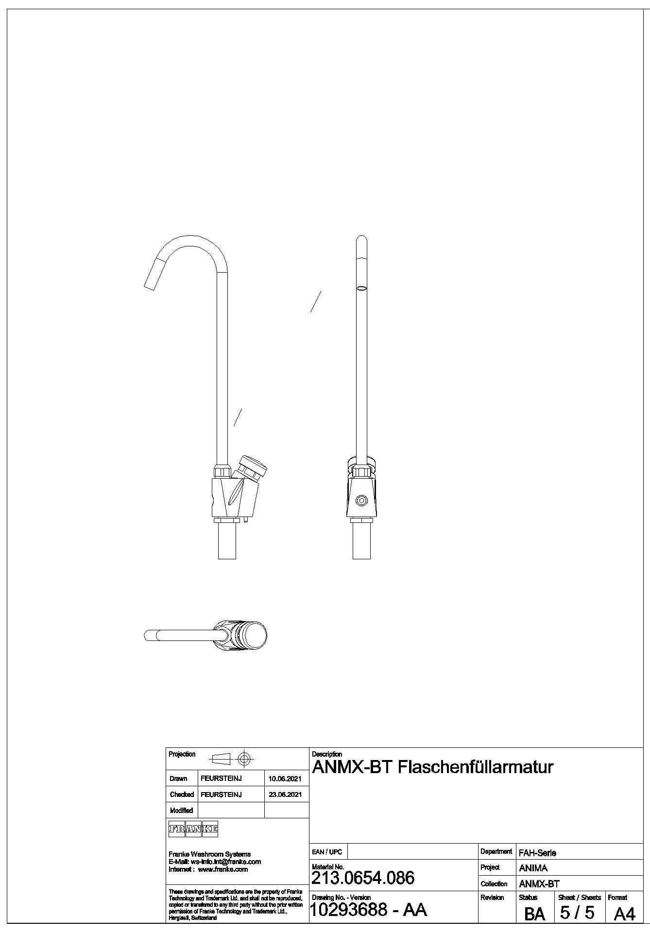 Flaschenfüllarmatur, ANIMA, G3/8, für Trinkbrunnen aus Edst. oder MIRANIT, ANMX-BT