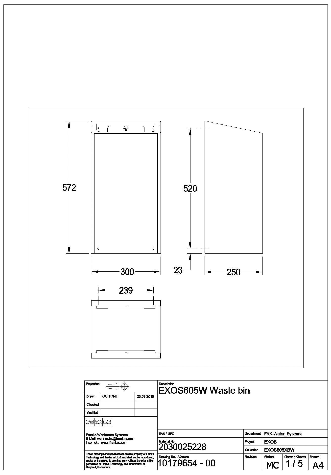Abfallbehälter, EXOS, Edelstahl, AP, 300x573x250 mm, Front ESG weiß, 30l, EXOS605W