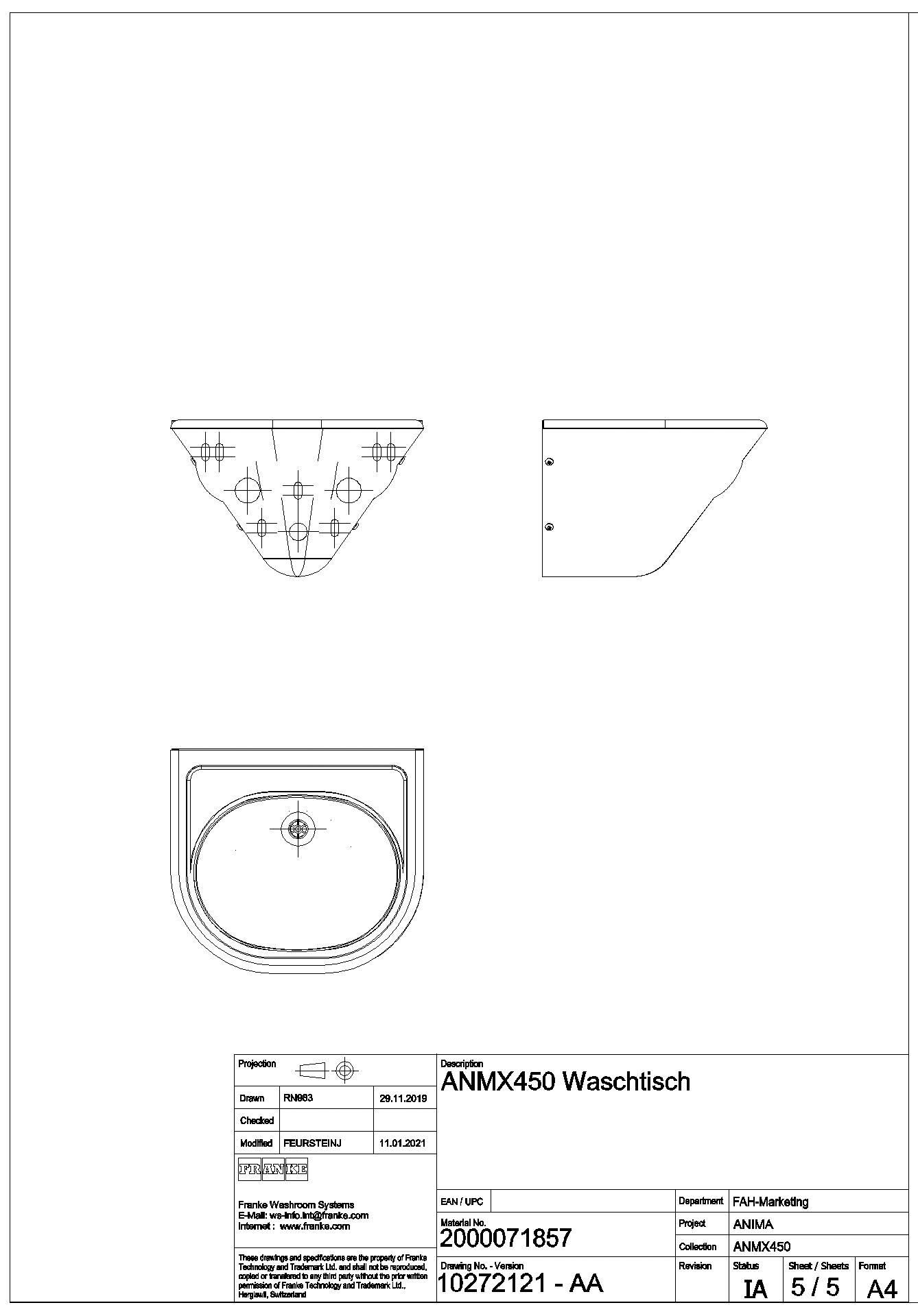 Einzelwaschtisch, ANIMA, Edelstahl, 450x280x400 mm, konisch, Siebventil, ANMX450