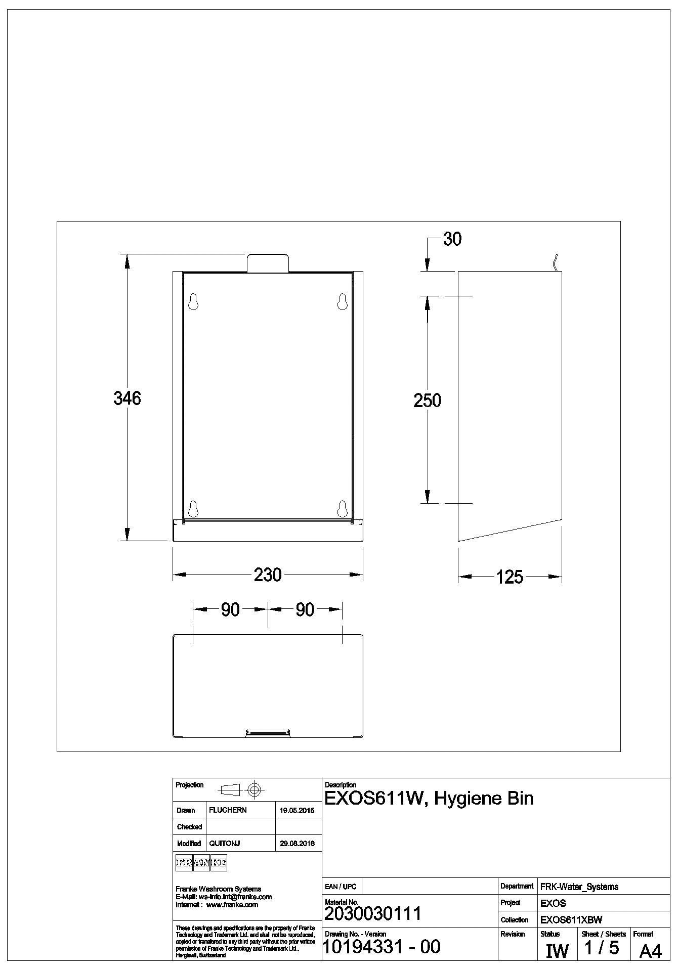 Hygieneabfallbeh., EXOS, Edelstahl, 230x346x125 mm, AP, Front ESG weiß, 3,7l, EXOS611W