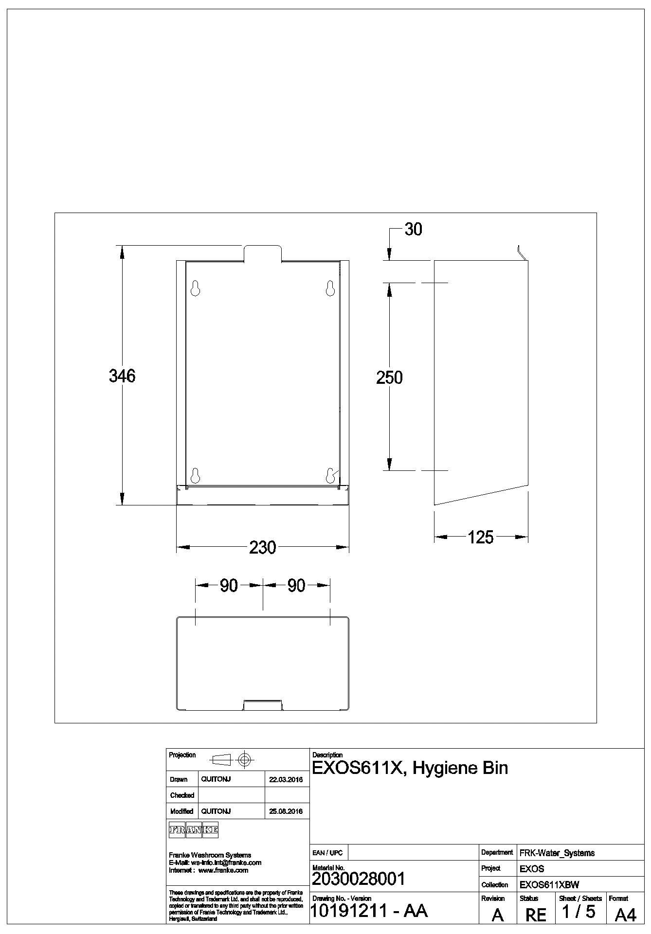 Hygieneabfallbehälter, EXOS, Edst., 230x346x125 mm, Aufputz, ca. 3,7l, EXOS611X