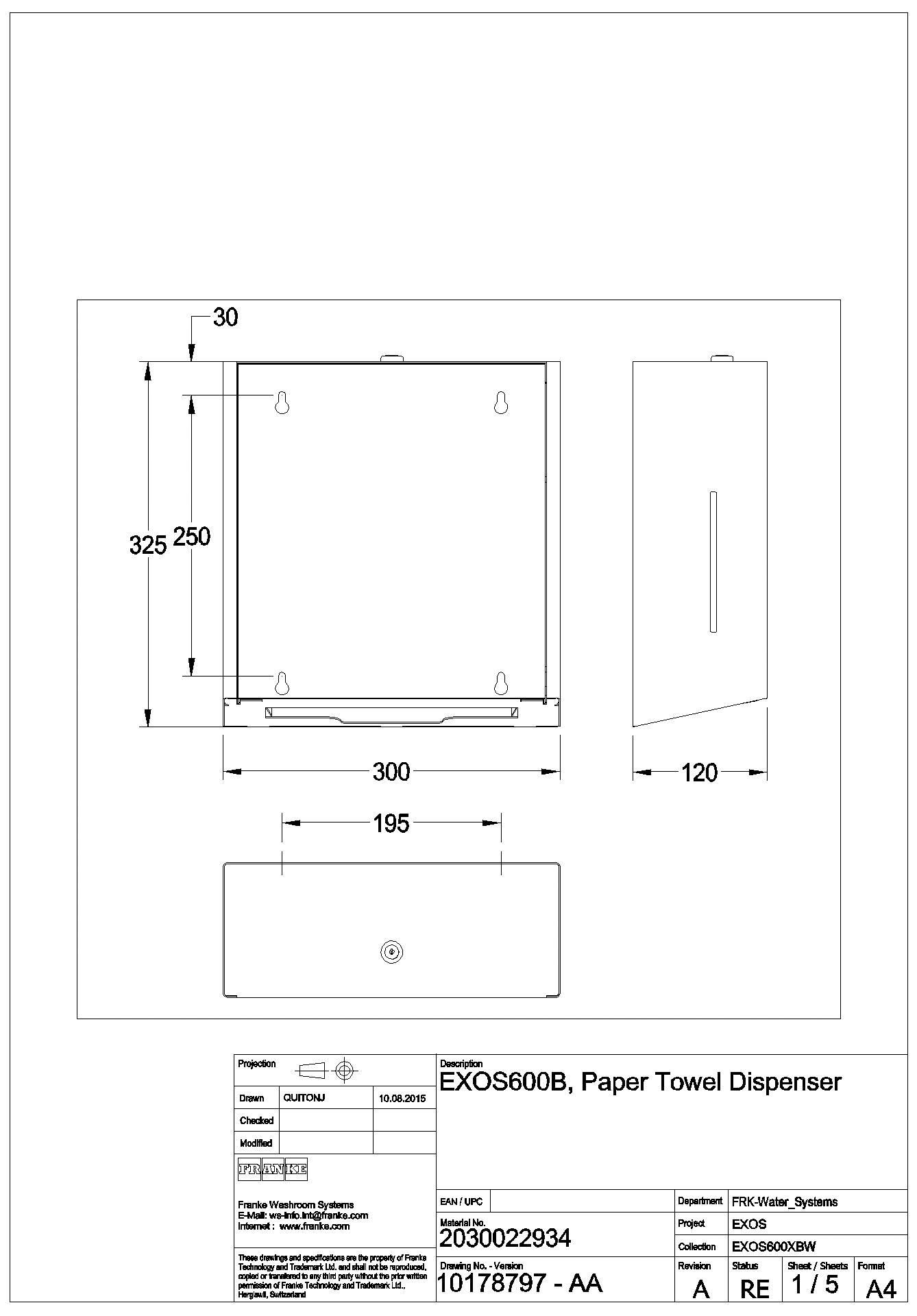Papierhandtuchsp., EXOS, Edelstahl, AP, 300x326x210 mm, Front ESG schwarz, EXOS600B