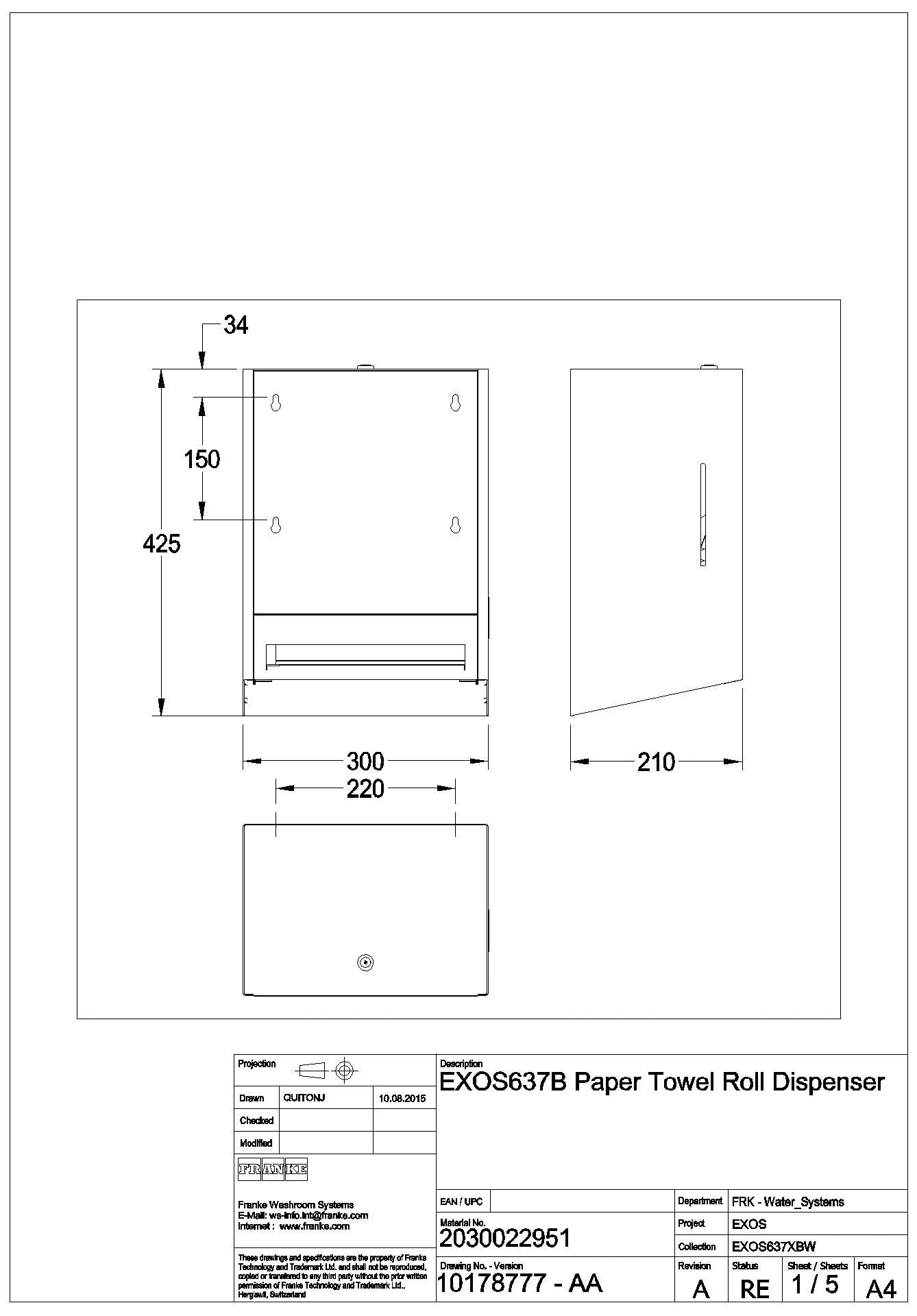 Papierhandtuchsp., EXOS, Edelstahl, AP, 300x423x210 mm, Front ESG schwarz, EXOS637B