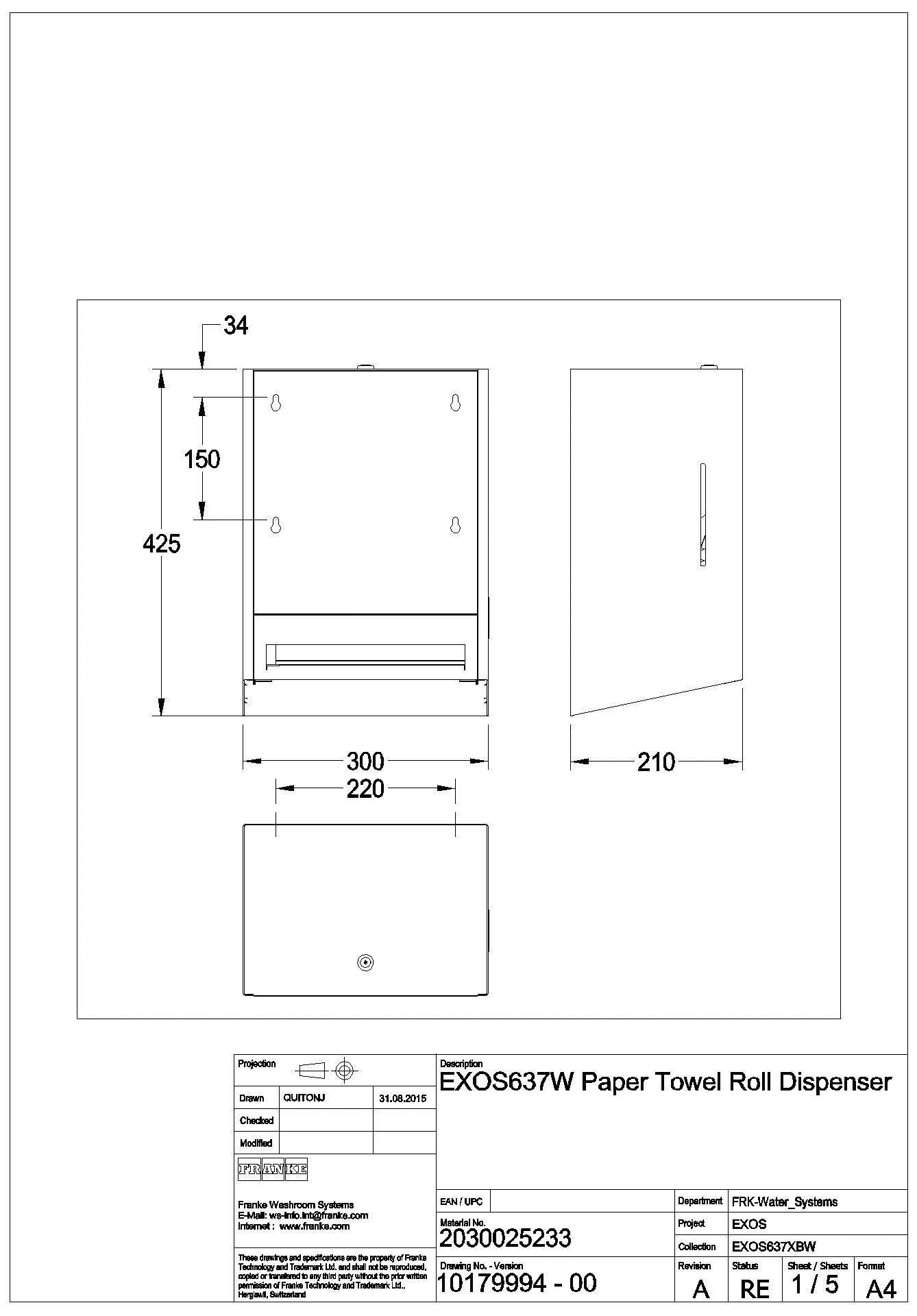 Papierhandtuchsp., EXOS, Edelstahl, AP, 300x423x210 mm, Front ESG weiß, EXOS637W