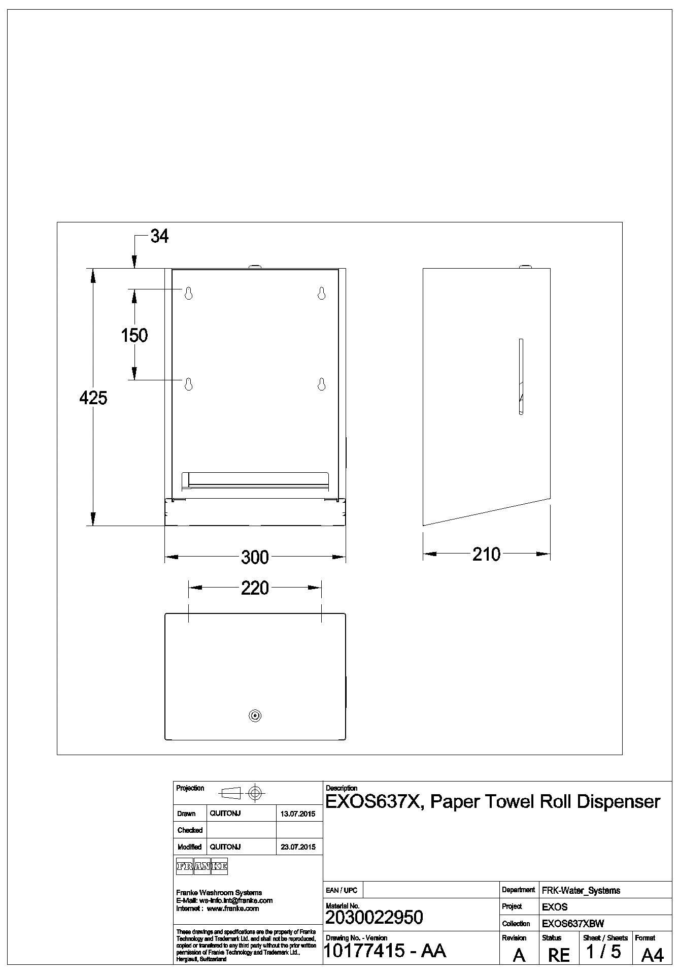 Papierhandtuchspender, EXOS, Edelstahl, Aufputz, 300x423x210 mm, EXOS637X