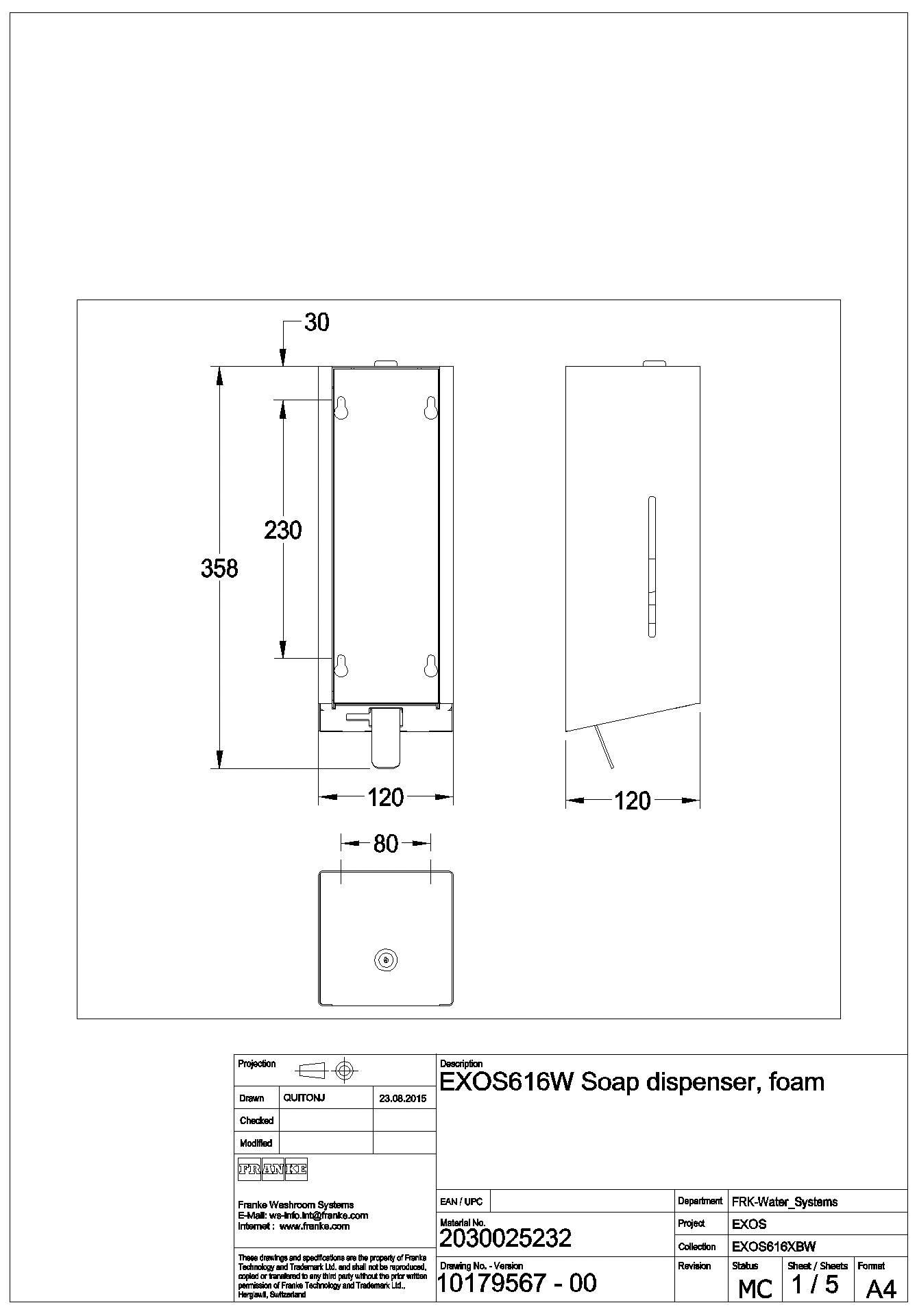 Schaumseifenspender, EXOS, Edelstahl, AP, 120x326x120 mm, Front ESG weiß, EXOS616W