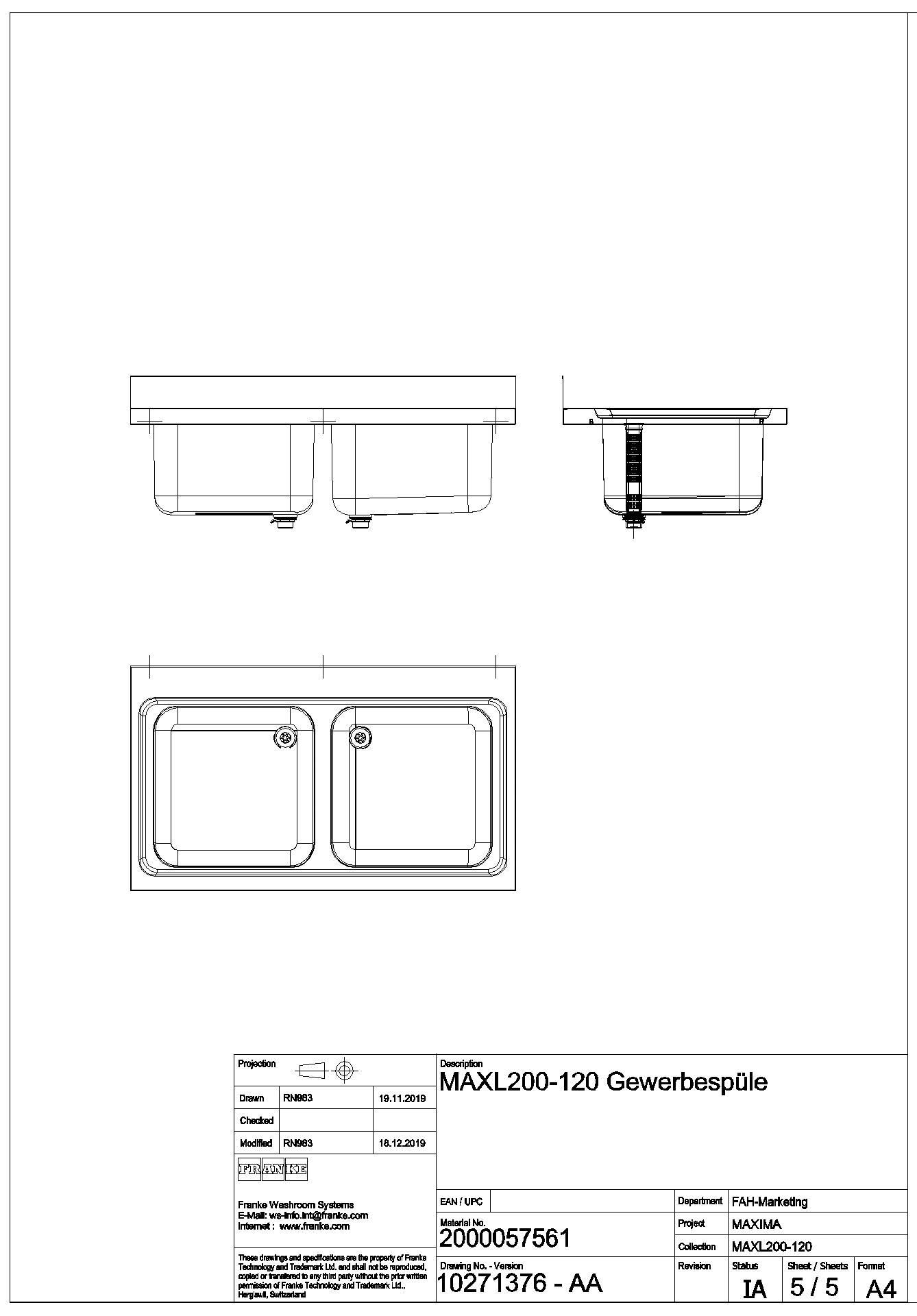 Gewerbespüle, MAXIMA, Edelstahl, 2 Becken, 1200x432x700 mm, MAXL200-120