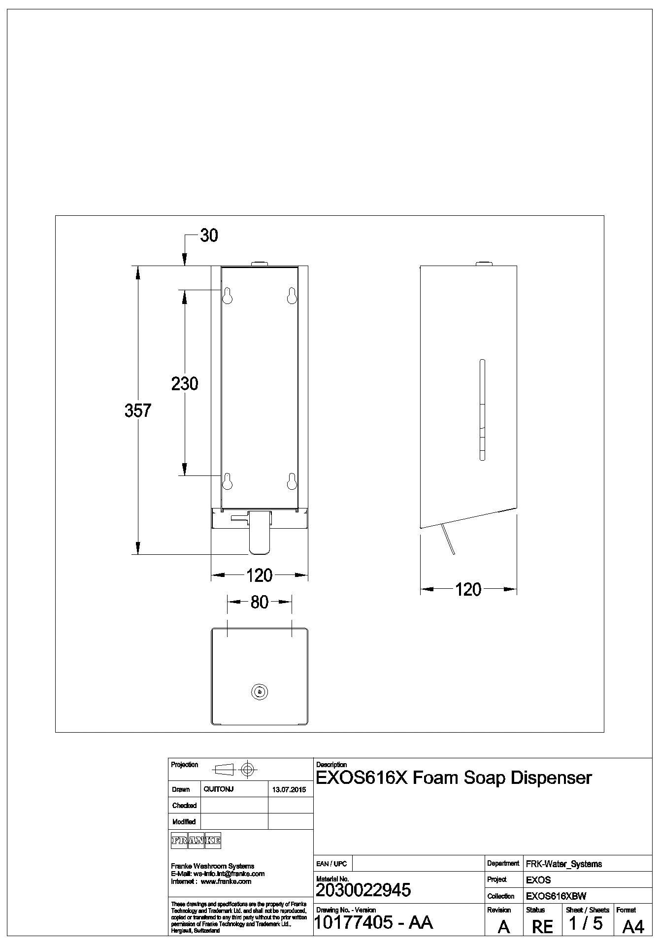 Schaumseifenspender, EXOS, Edelstahl, Aufputz, 120x320x120 mm, EXOS616X