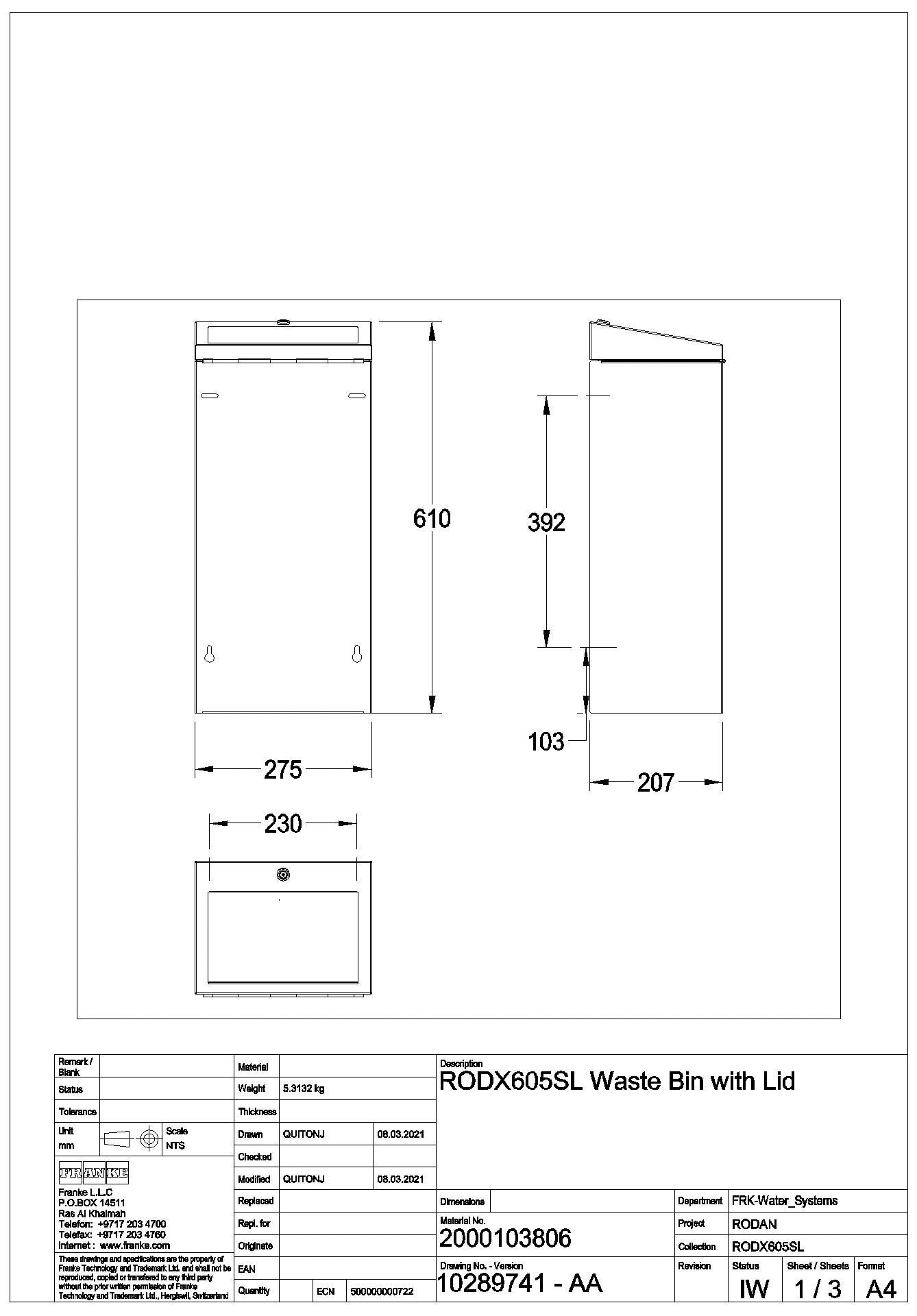 Abfallbehälter, RODAN, Edelstahl, 275x609x207 mm, Aufputz, ca. 30 l, RODX605SL