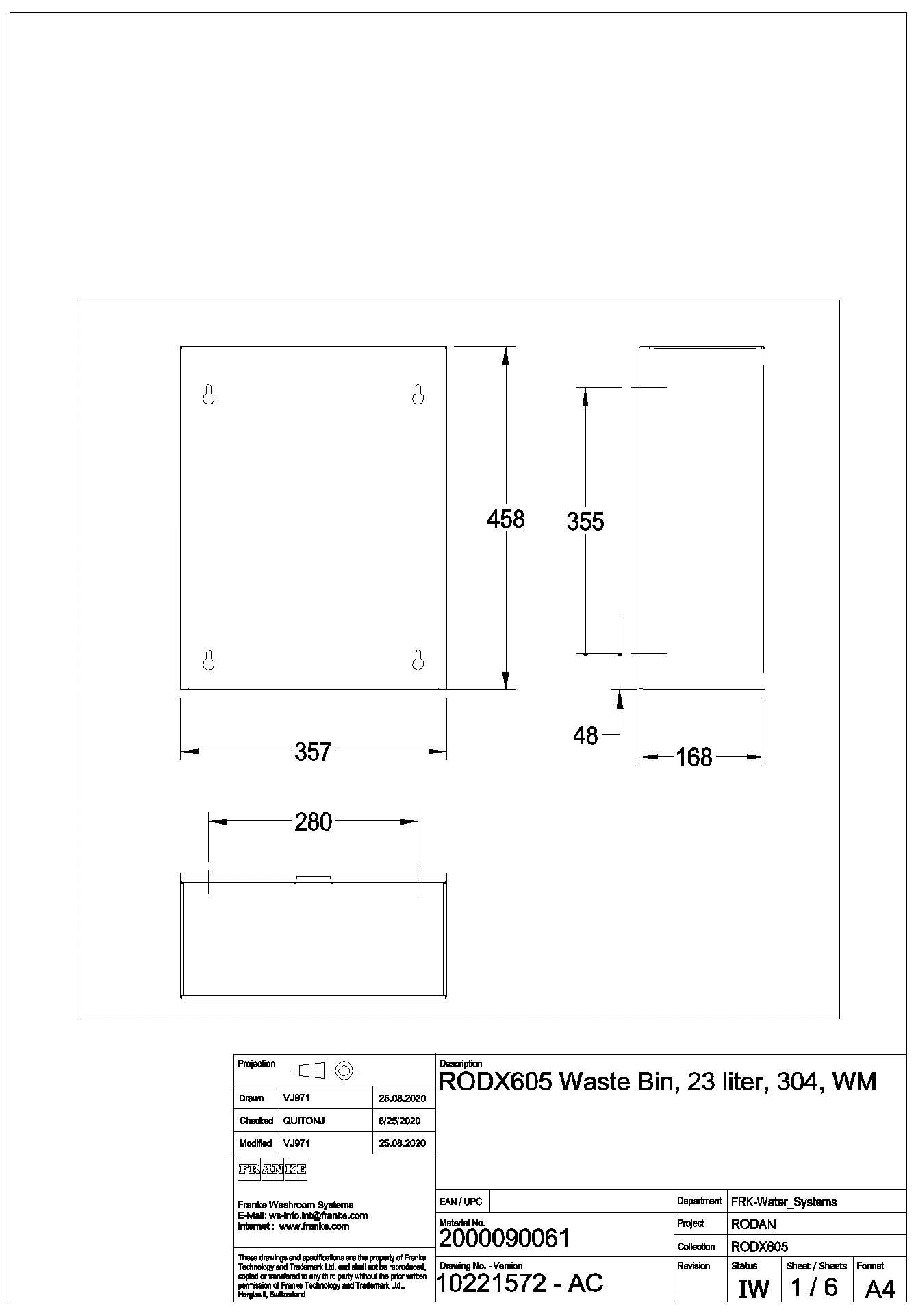 Abfallbehälter, RODAN, Edelstahl, 355x460x168 mm, Aufputz, ca. 23 l, RODX605