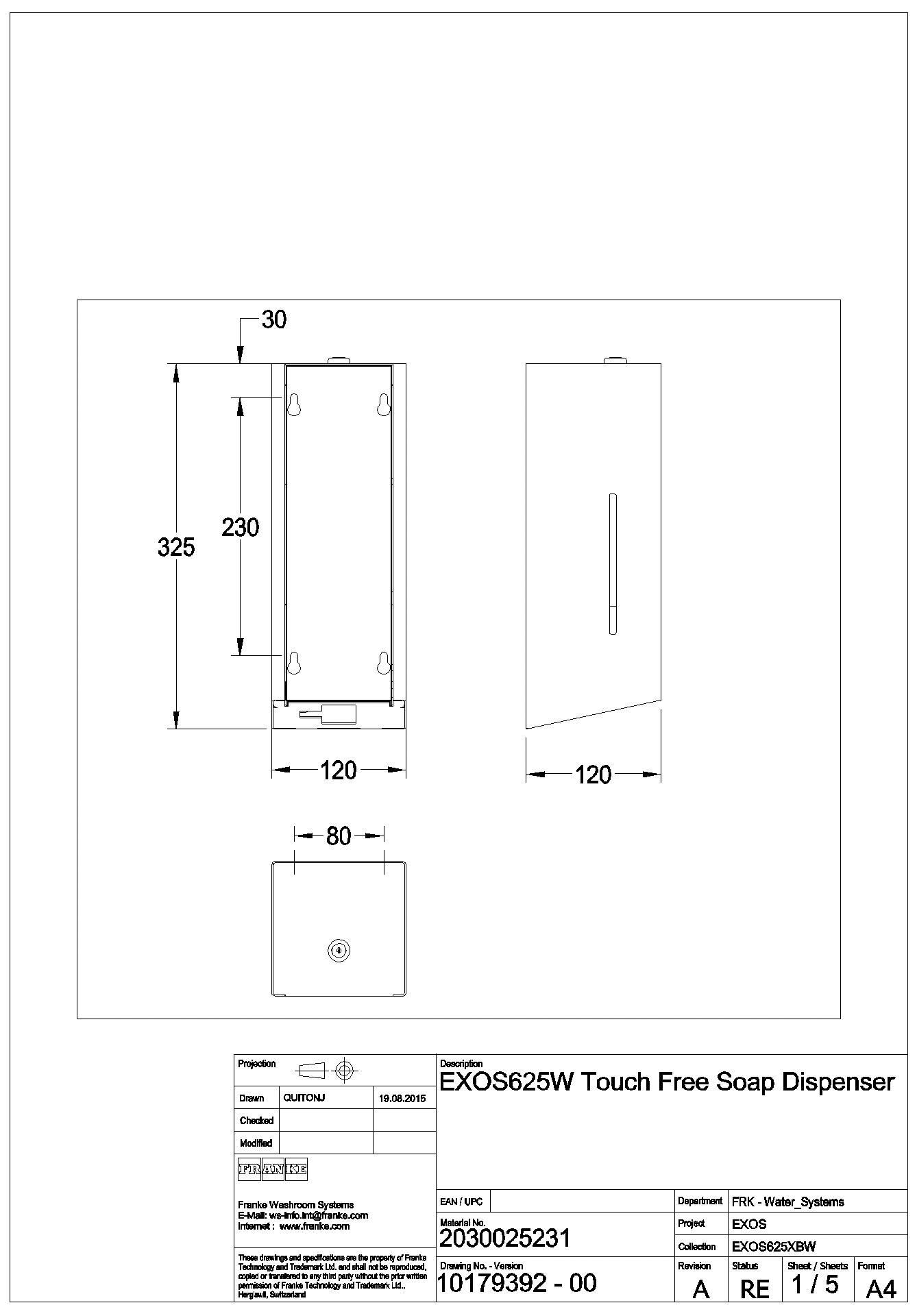 Seifensp., EXOS, elek., Edelstahl, AP, 120x325x120 mm, Front ESG weiß, EXOS625W