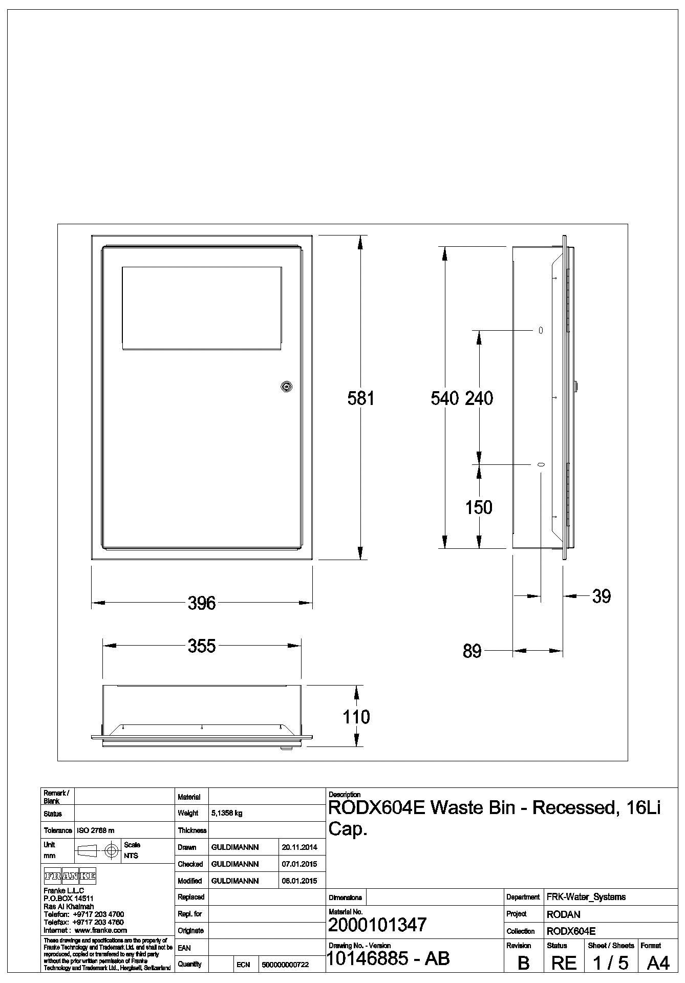 KWC Aquarotter - Abfallbehälter, RODAN, Edelstahl, 395x580x110 mm, Unterputz, ca. 16 l, RODX604E