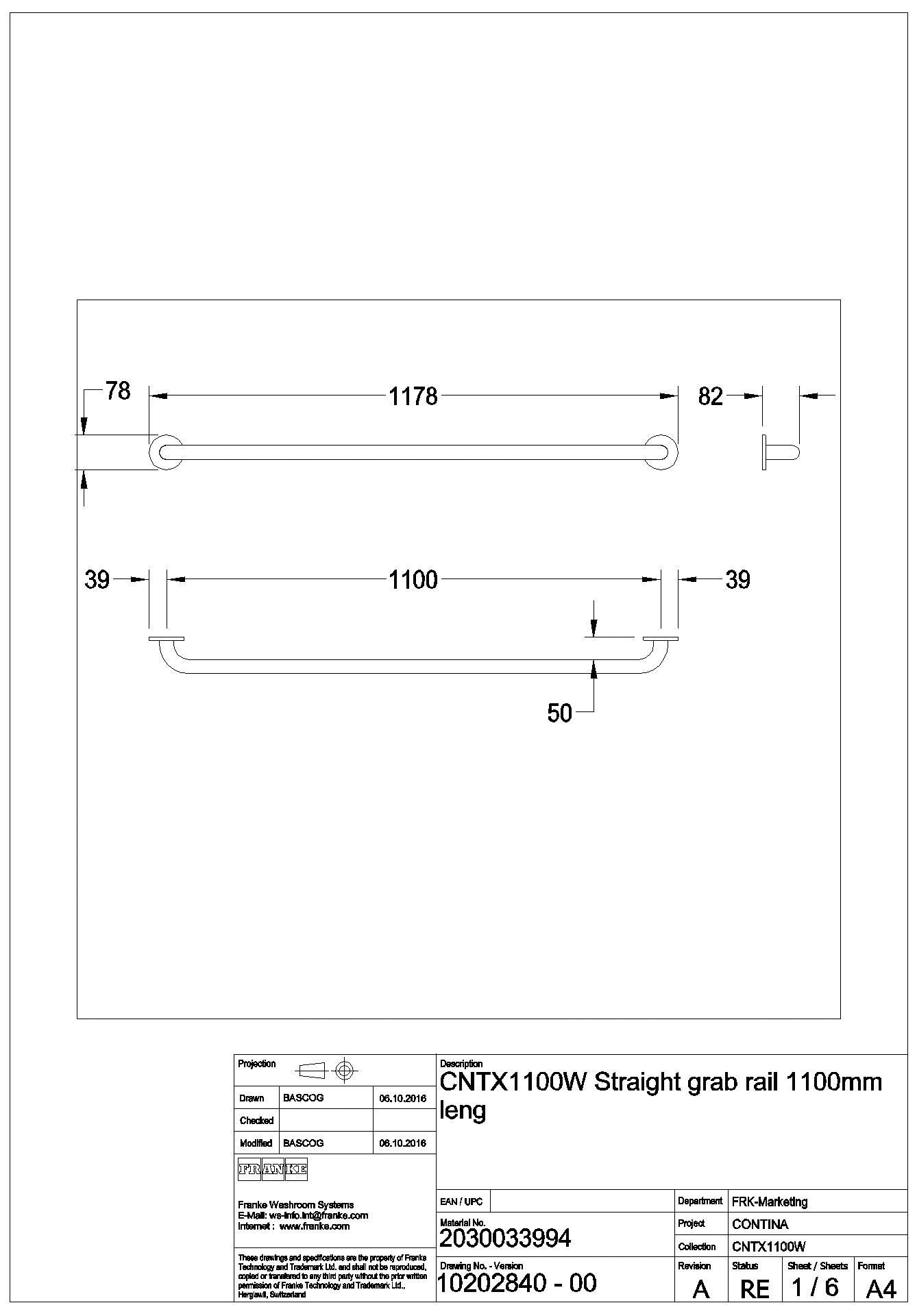 Haltegriff, CONTINA, Edelstahl, 1178x78x82 mm, Griffbreite 1100 mm, CNTX1100W