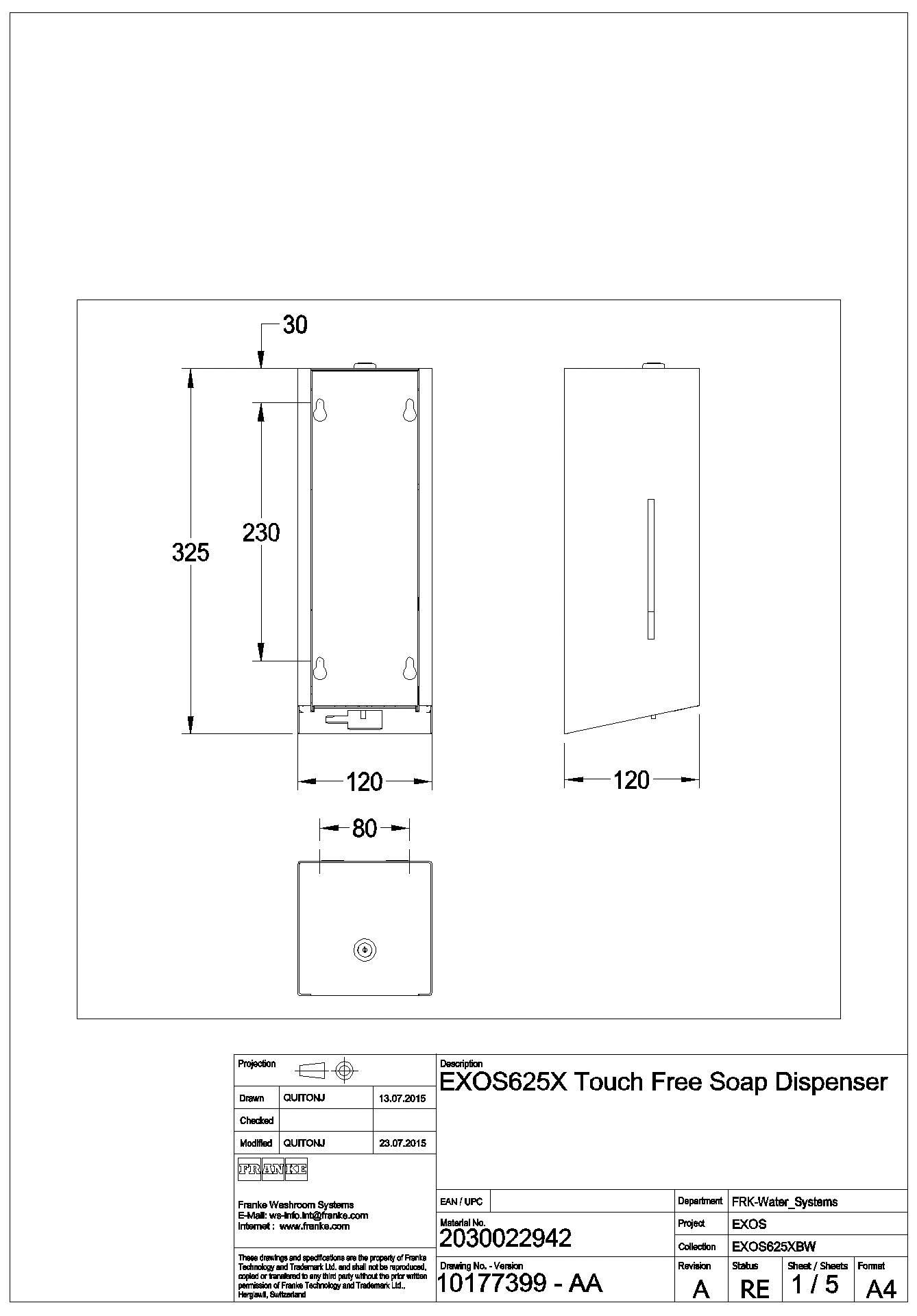 Seifensp., EXOS, elek., Edelstahl, Aufputz, 120x325x120 mm, EXOS625X