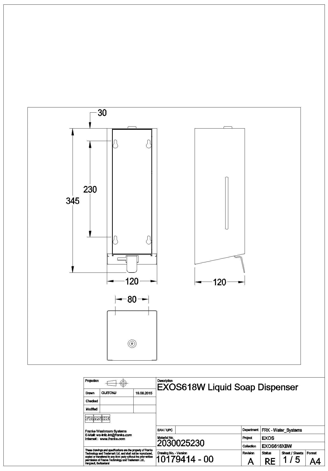 Seifenspender, EXOS, Edelstahl, AP, 120x345x120 mm, Front ESG weiß, EXOS618W