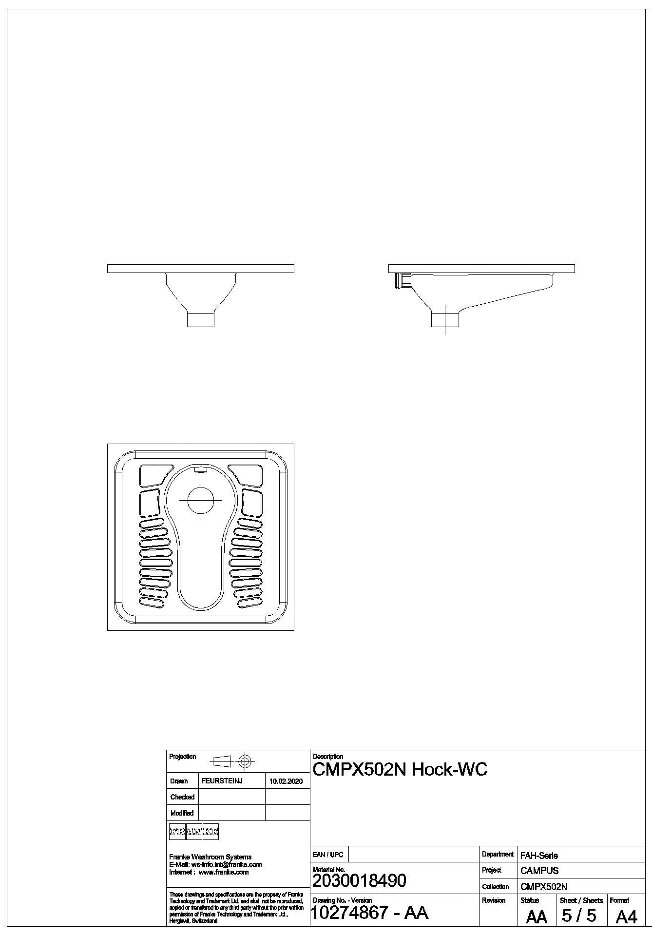 Hock-WC, CAMPUS, Edelstahl, Spritzkopf, 700x235x700 mm, CMPX502N