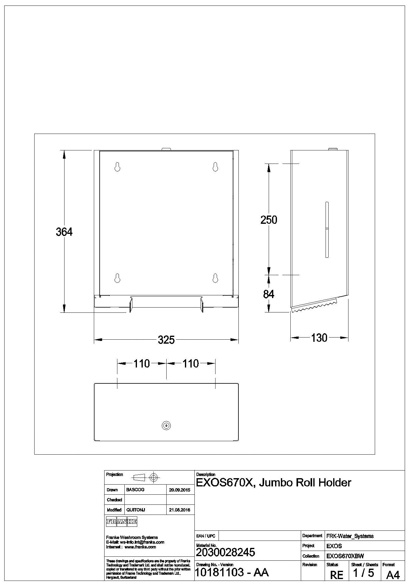 KWC Aquarotter - WC-Großrollenhalter, EXOS, Edelstahl, 325x346x130 mm, Aufputz, Rolle 280 mm, EXOS670X