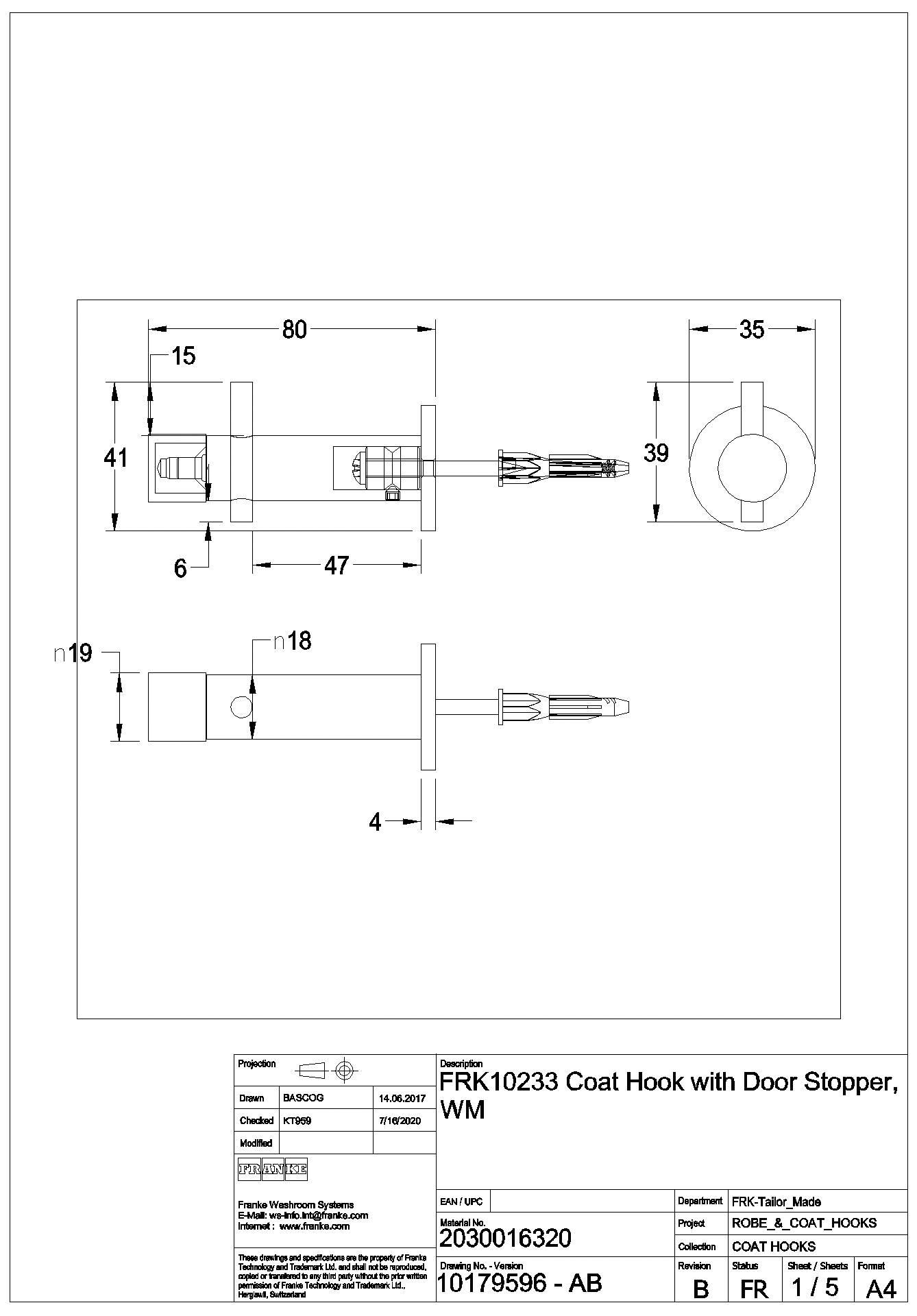 Kleiderhaken, Edelstahl, 80x42x39 mm, Wandmontage, mit Türstopper, FRK10233