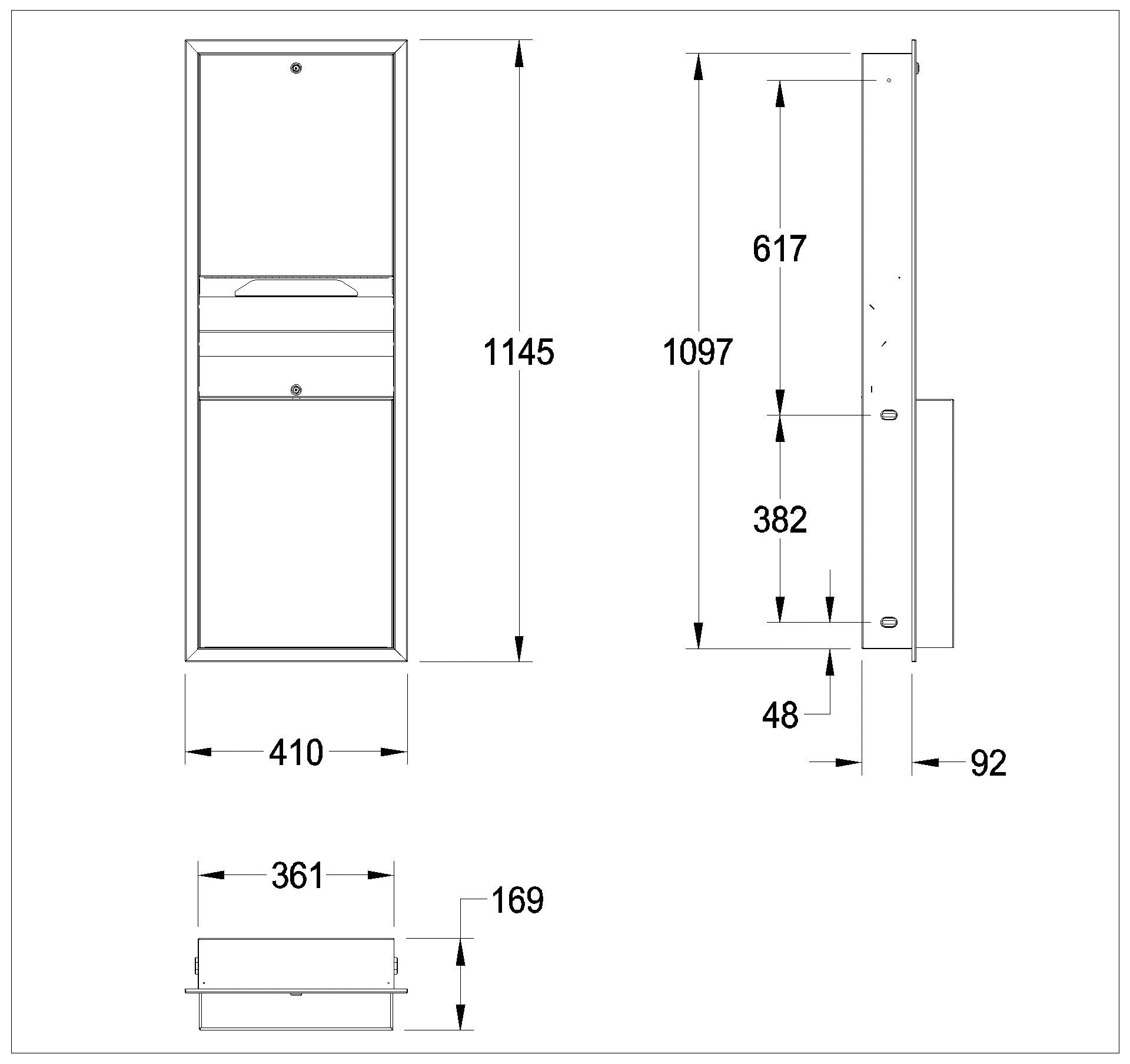 Papier-Abfall-Kombi, RODAN, Edst., 408x1145x169 mm, Unterputz, ca. 23 l, RODX602E
