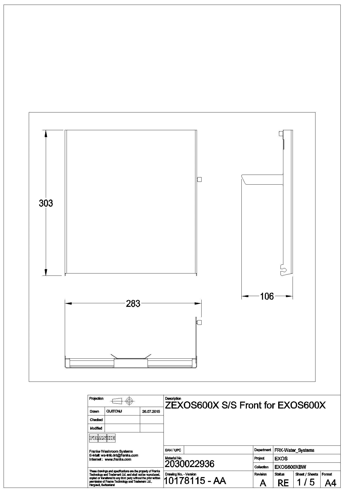 Front, EXOS, Edelstahl, für EXOS600 , ZEXOS600