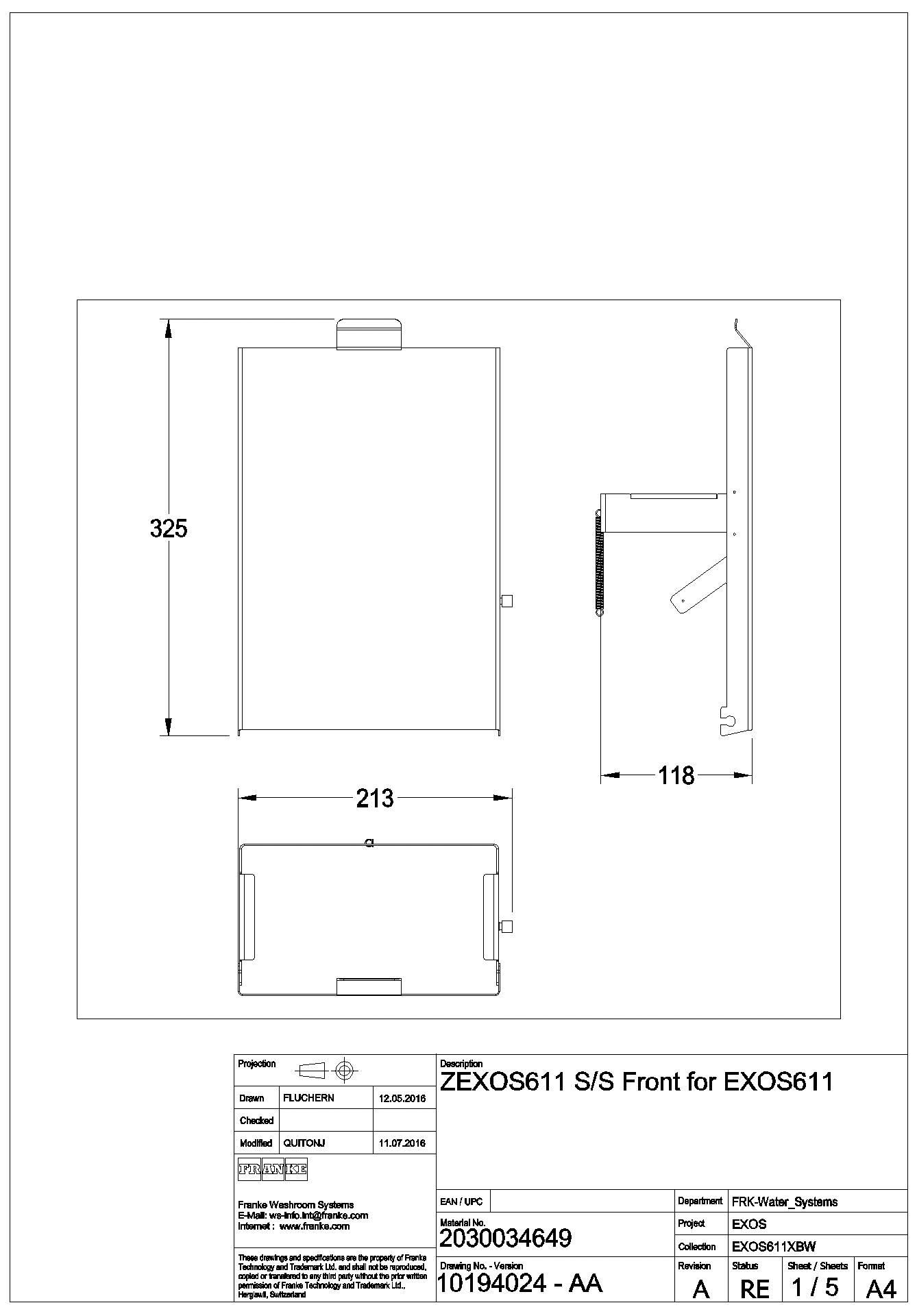 Front, EXOS, Edelstahl, für EXOS611/EXOS611E, ZEXOS611