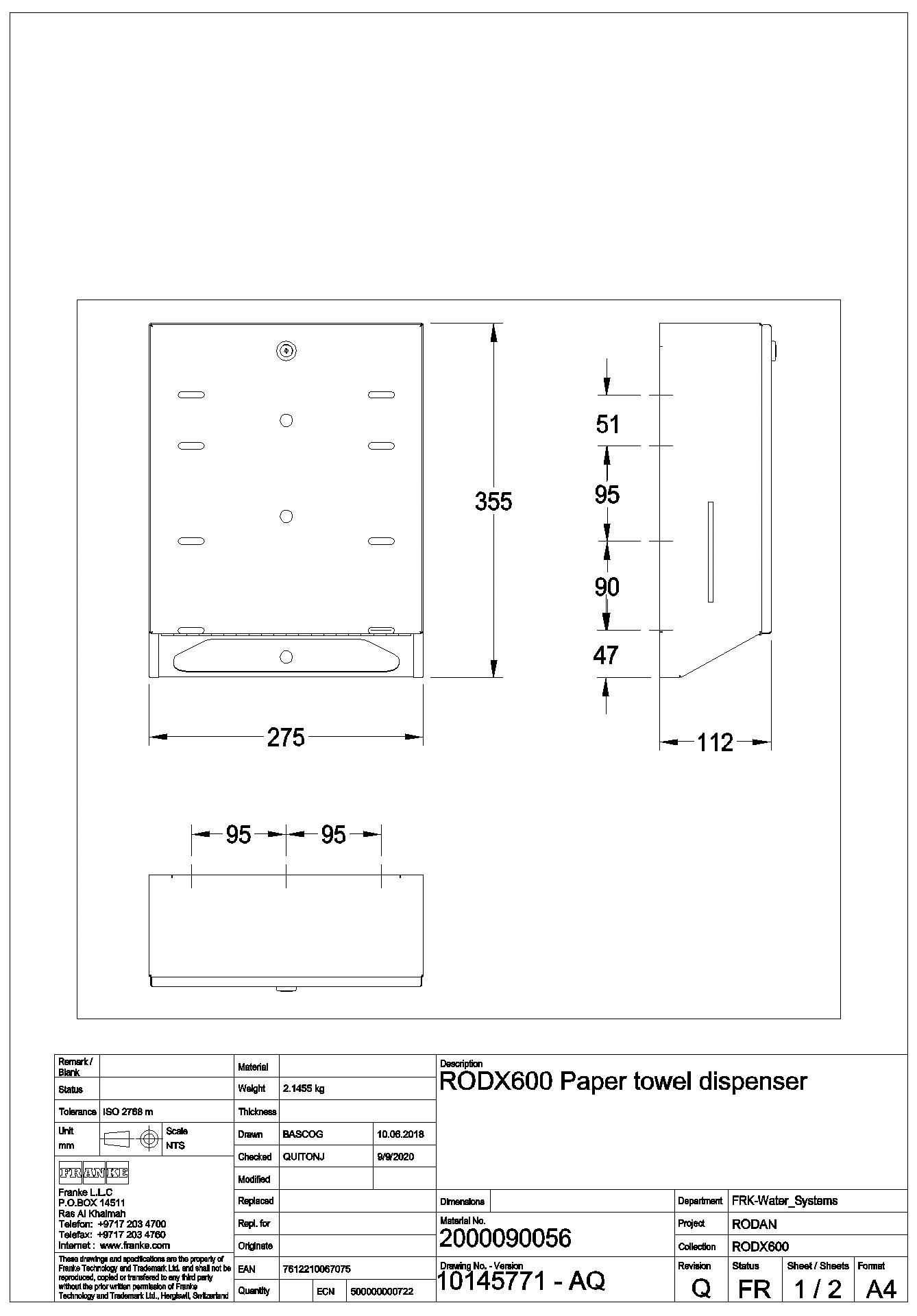 Papierhandtuchsp., RODAN, Edst., 275x355x112 mm, Aufputz, RODX600