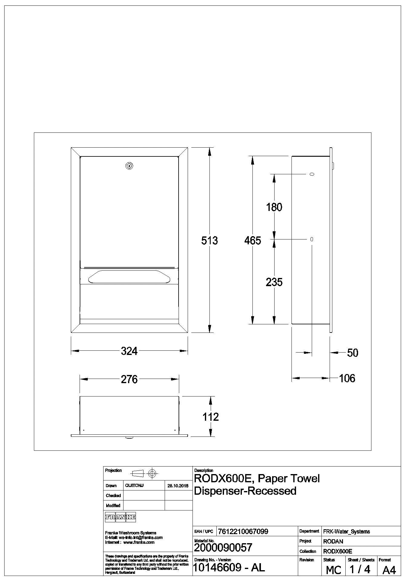 Papierhandtuchsp., RODAN, Edst., 324x513x112 mm, Unterputz, RODX600E