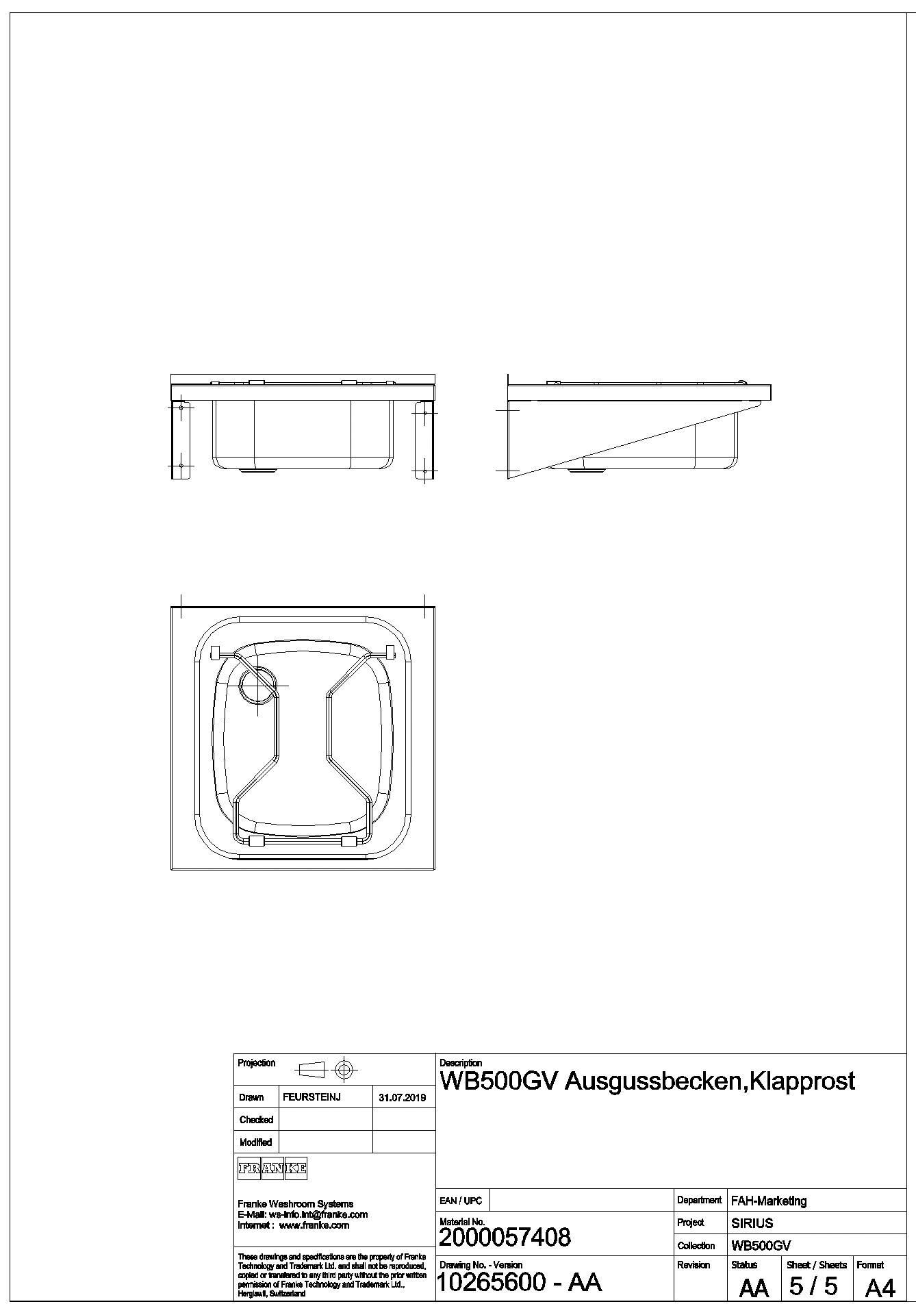 Ausgussbecken, SIRIUS, Edelstahl, 500x180x500 mm, Klapprost, WB500GV