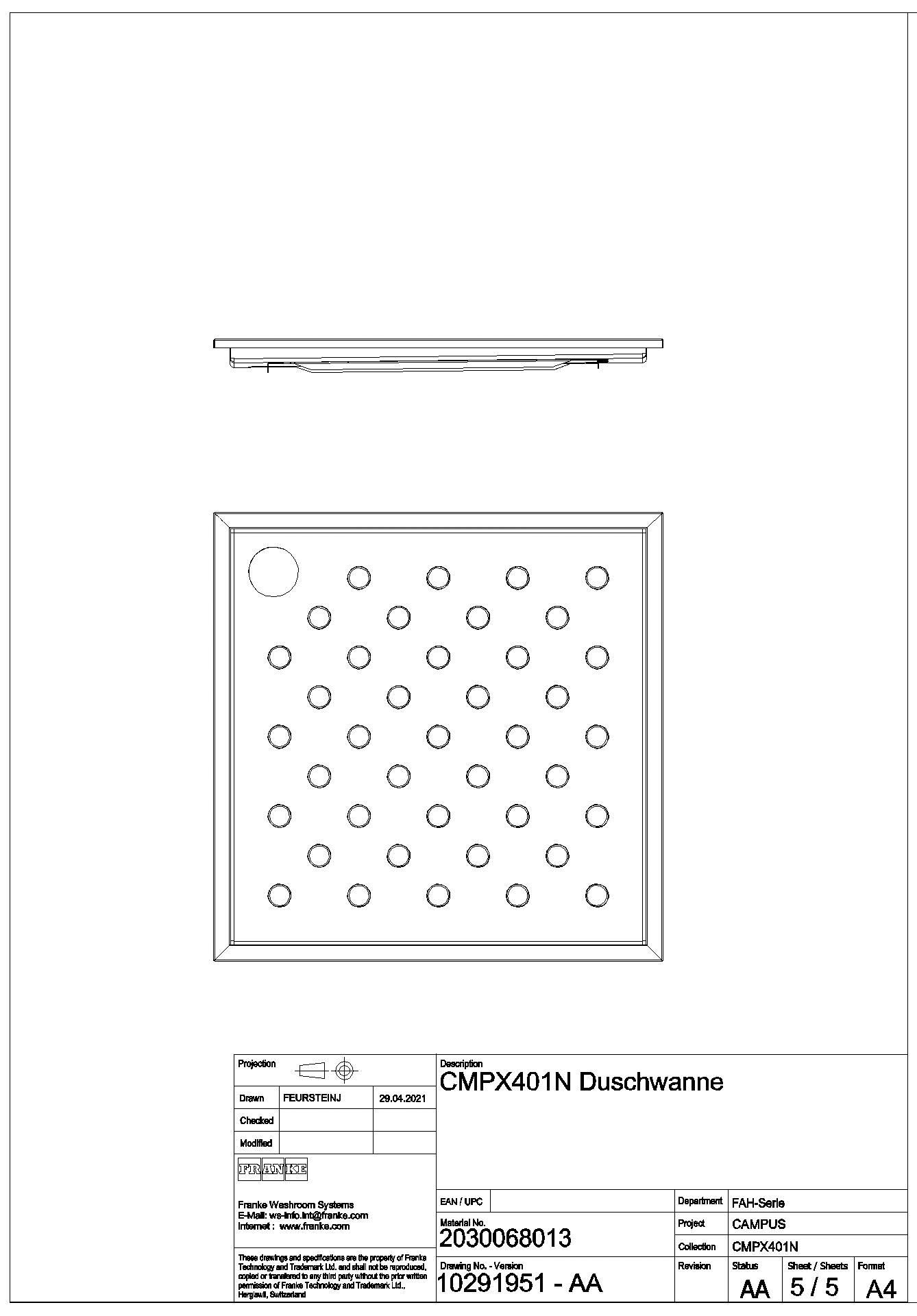 Duschwanne, CAMPUS, Edelstahl, 800x59x800 mm, Bodenmontage, CMPX401N